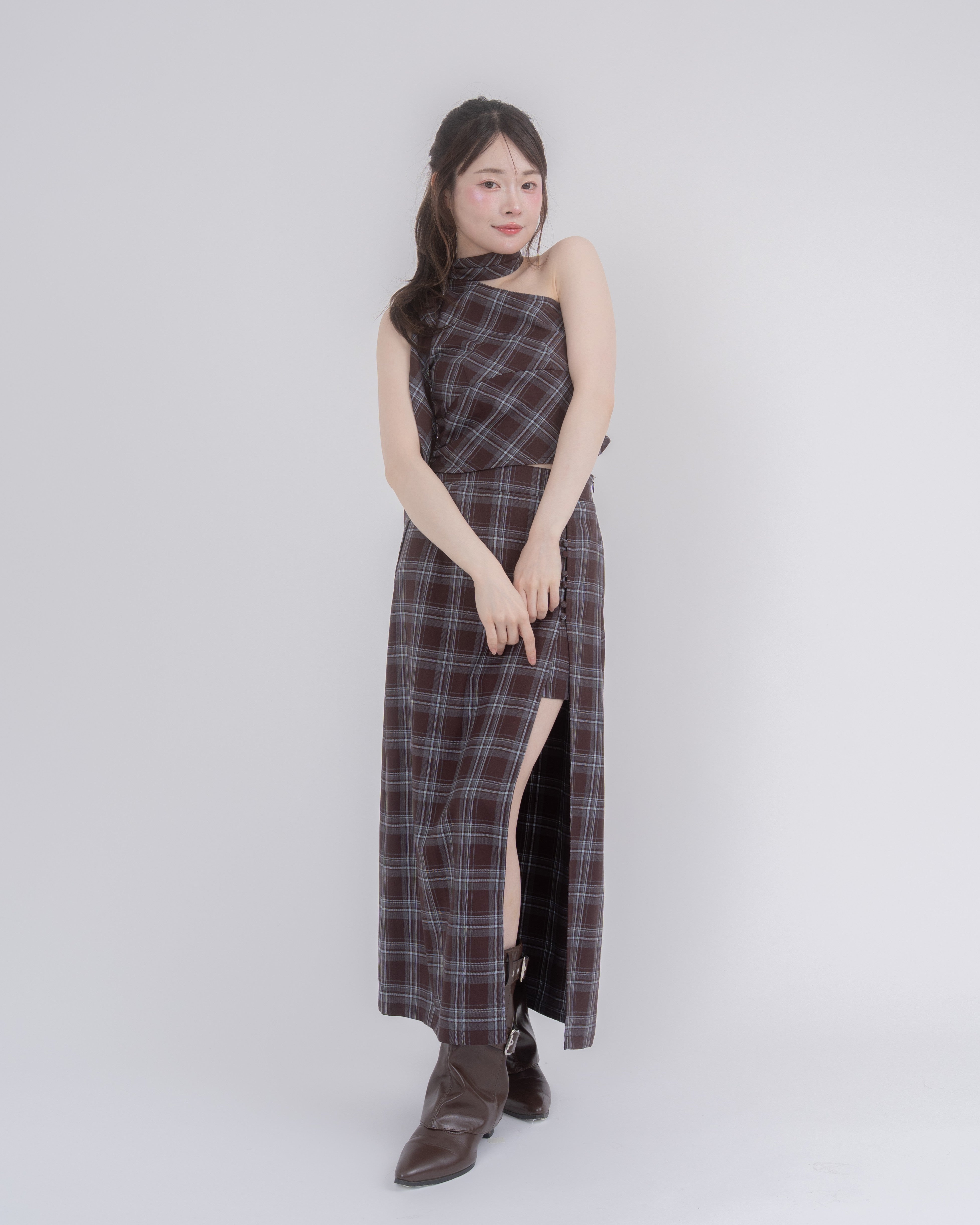 アシメトップススリットスカートチェックセットアップ