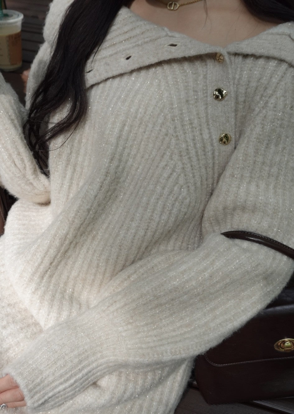 ボタンディテールラメニットミニワンピース