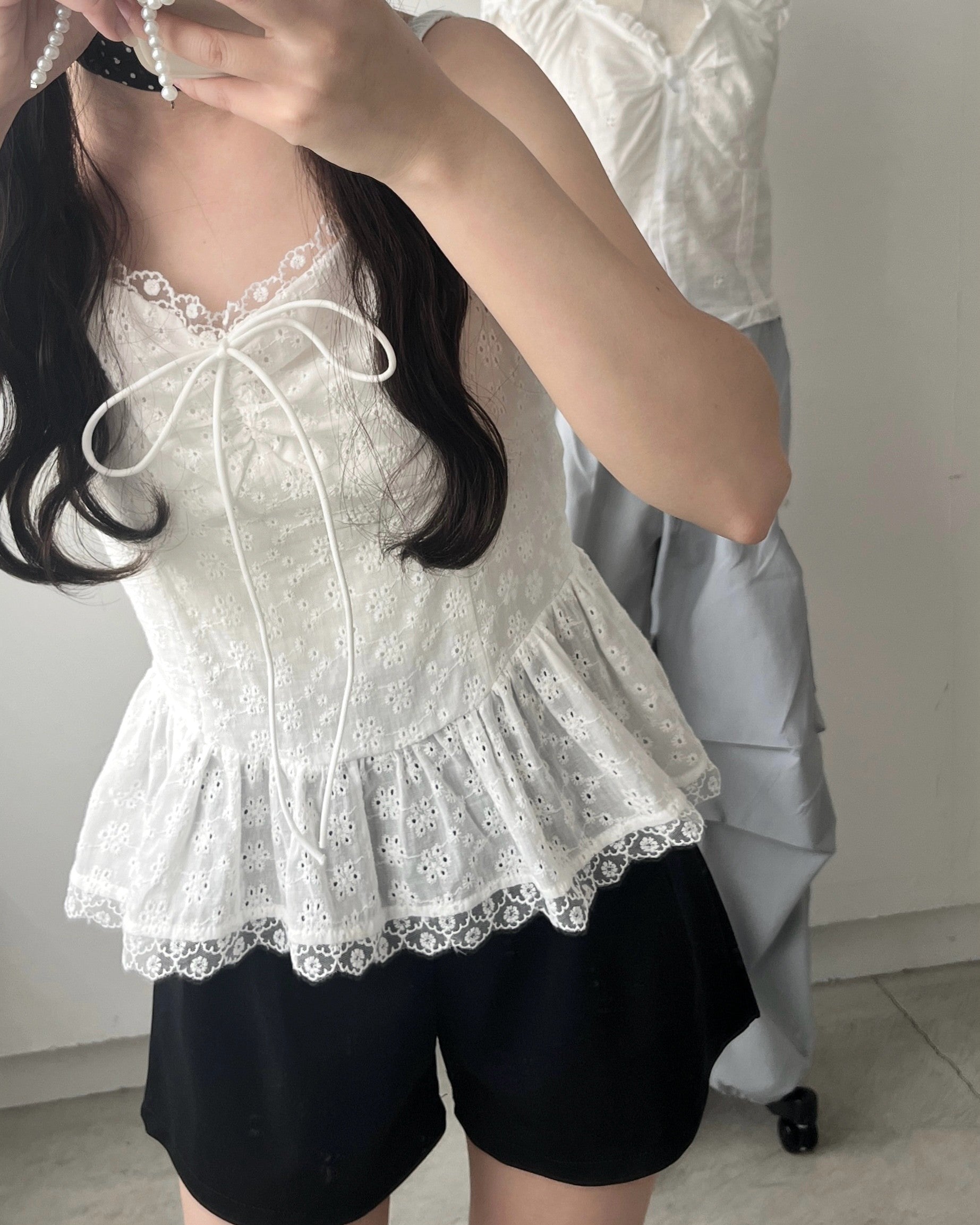 棉蕾絲絲帶卡米襯衫