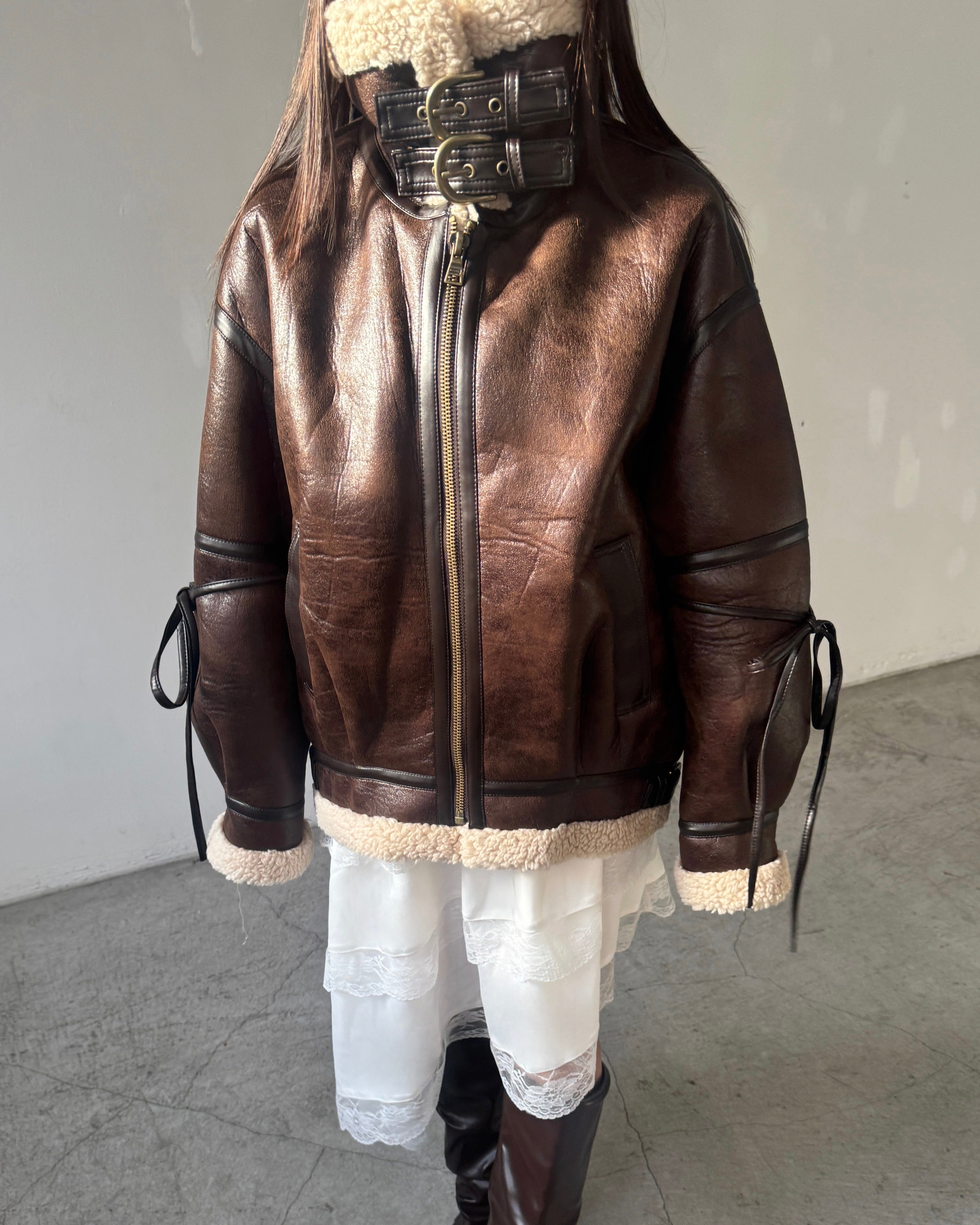 マルチウェイヴィンテージレザーライクベルトボアコート