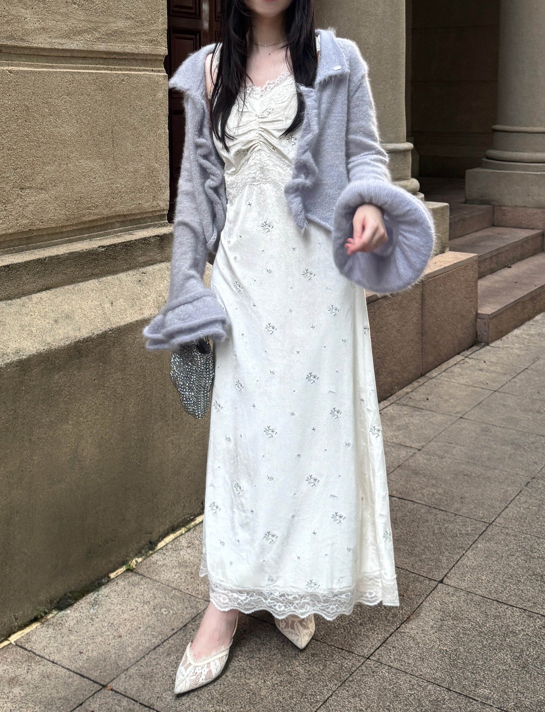 【予約】モヘアタッチフリルベルスリーブニットカーディガン