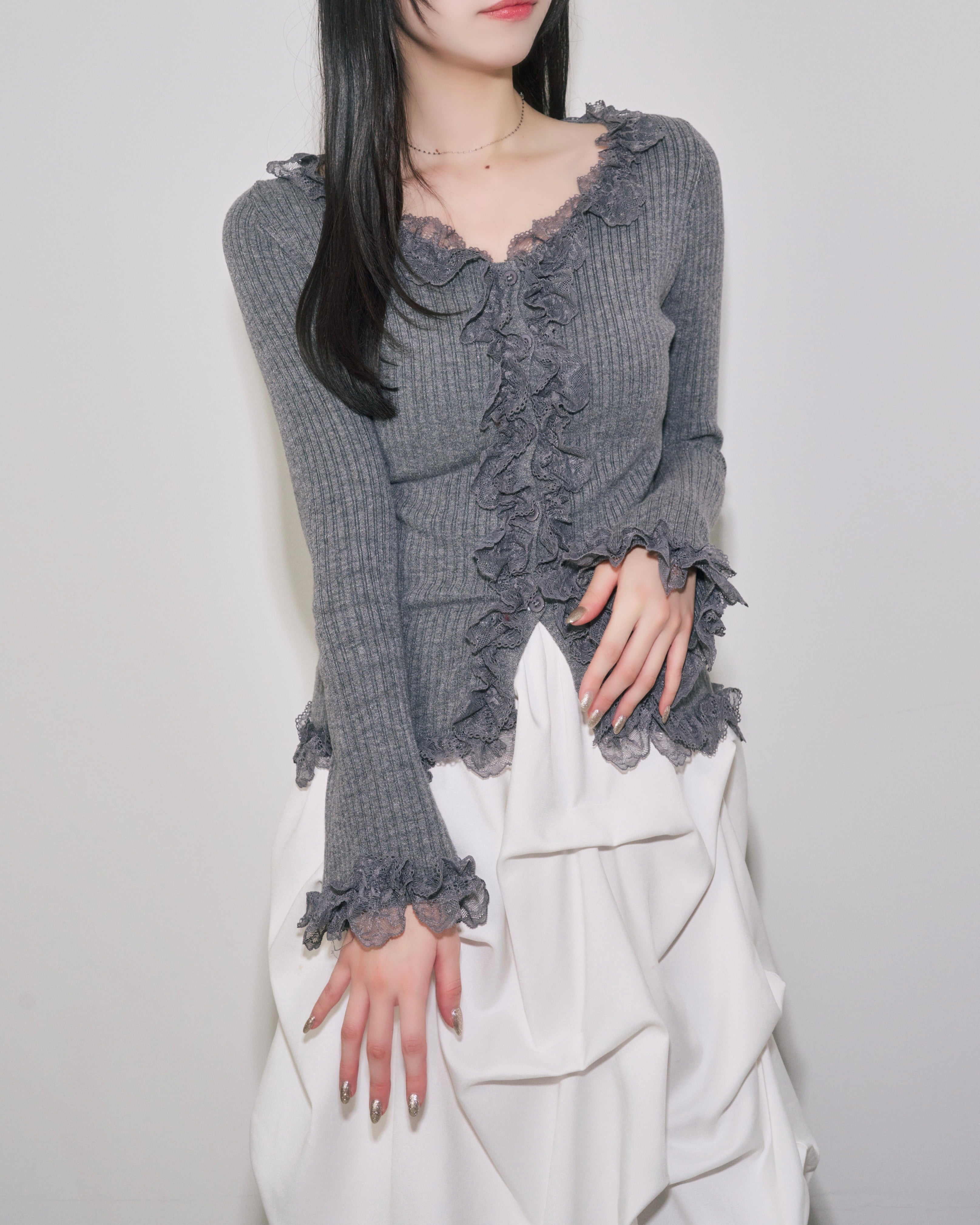 レースフリルニットカーディガン