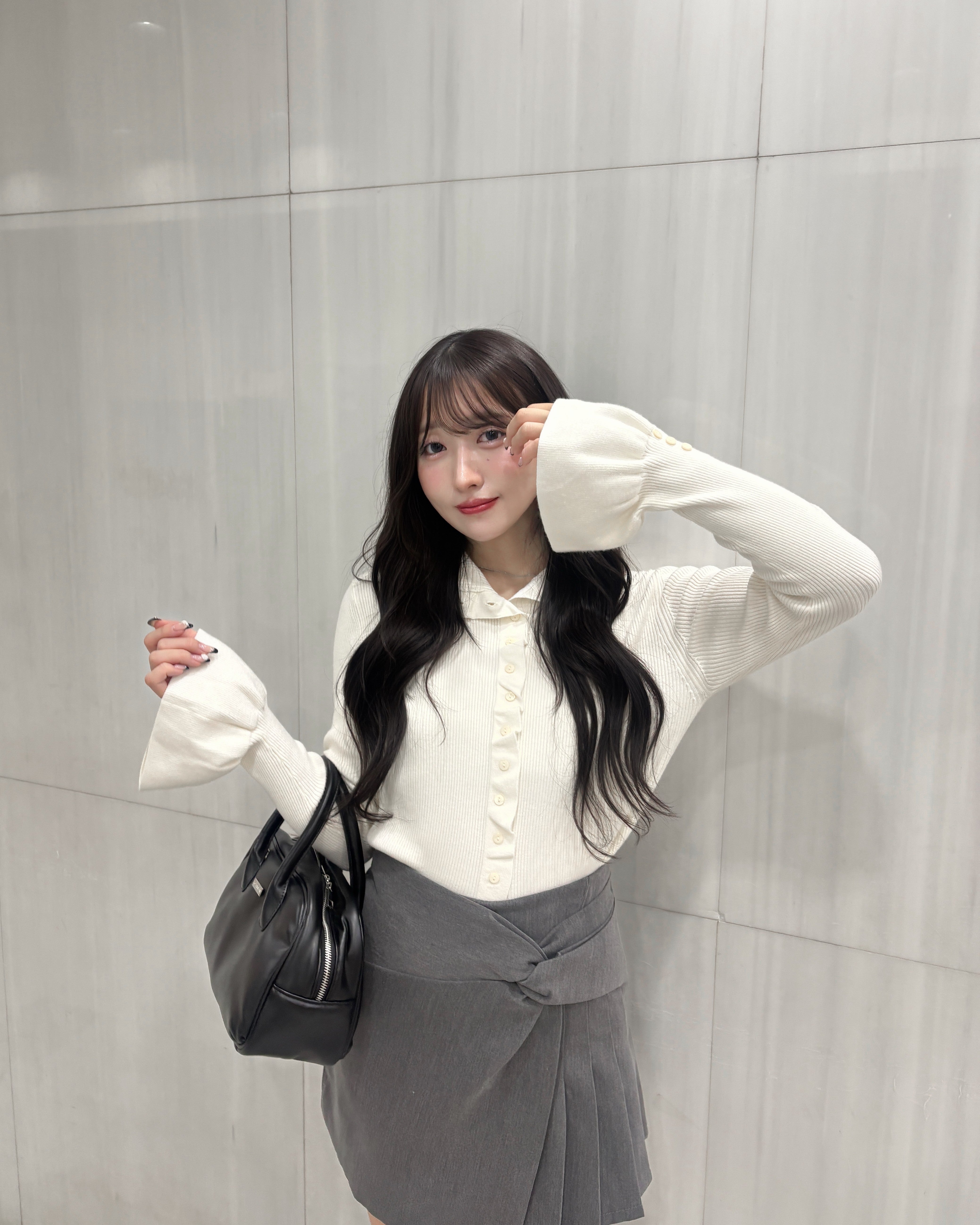 2wayボタンフリルデザインリブニット