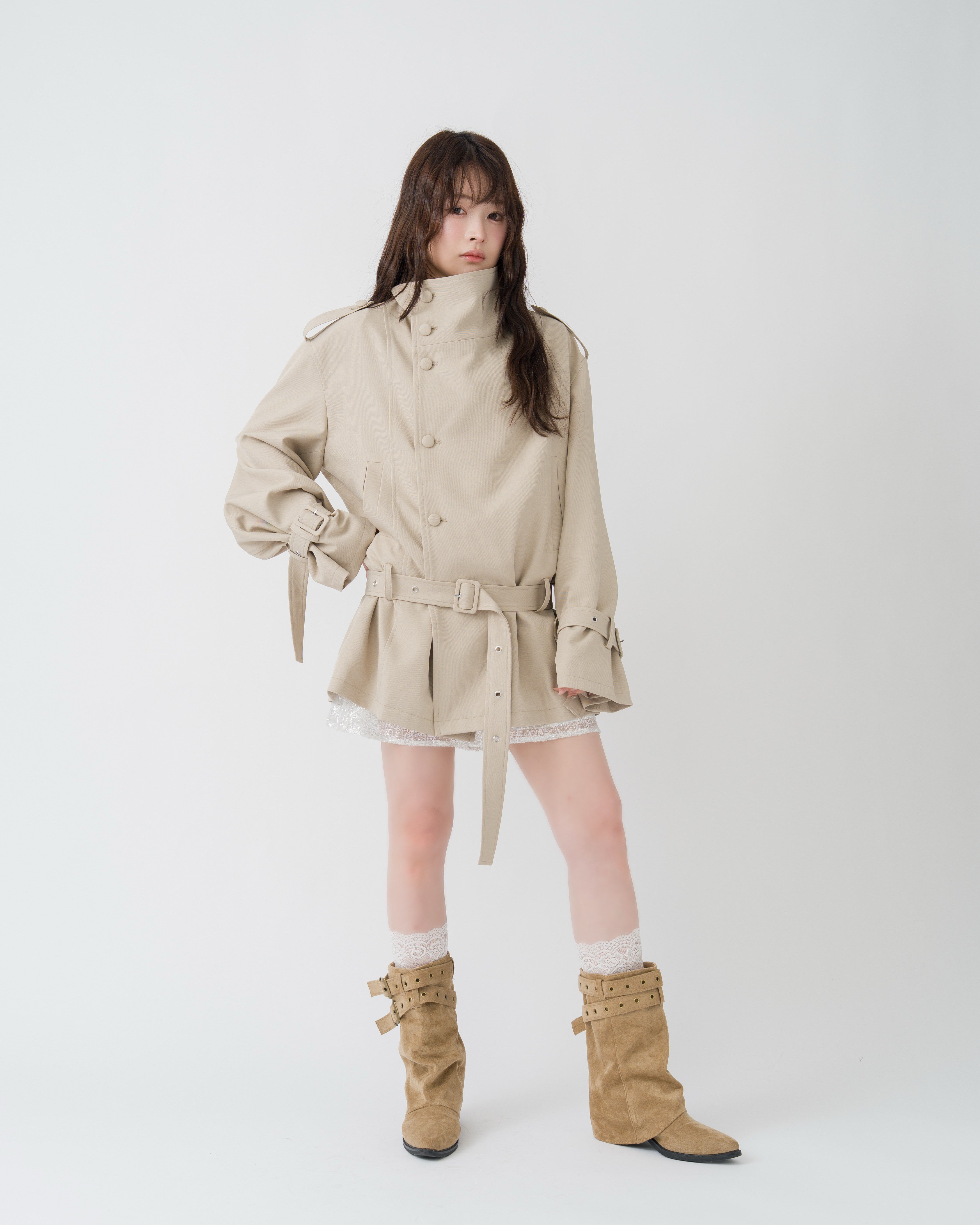 2wayスタンドカラーショートトレンチコート