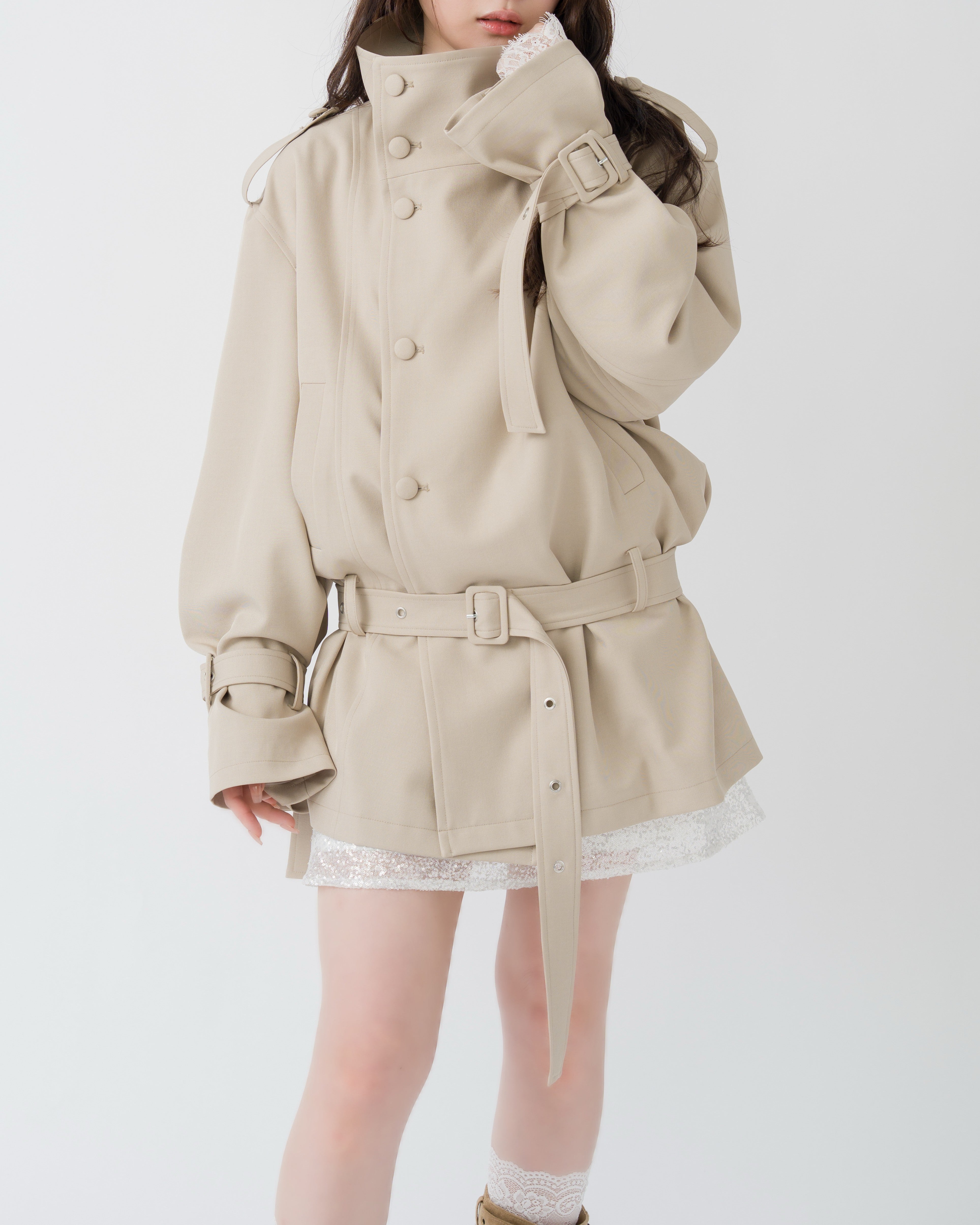 予約】2wayスタンドカラーショートトレンチコート｜MELLOWNEON