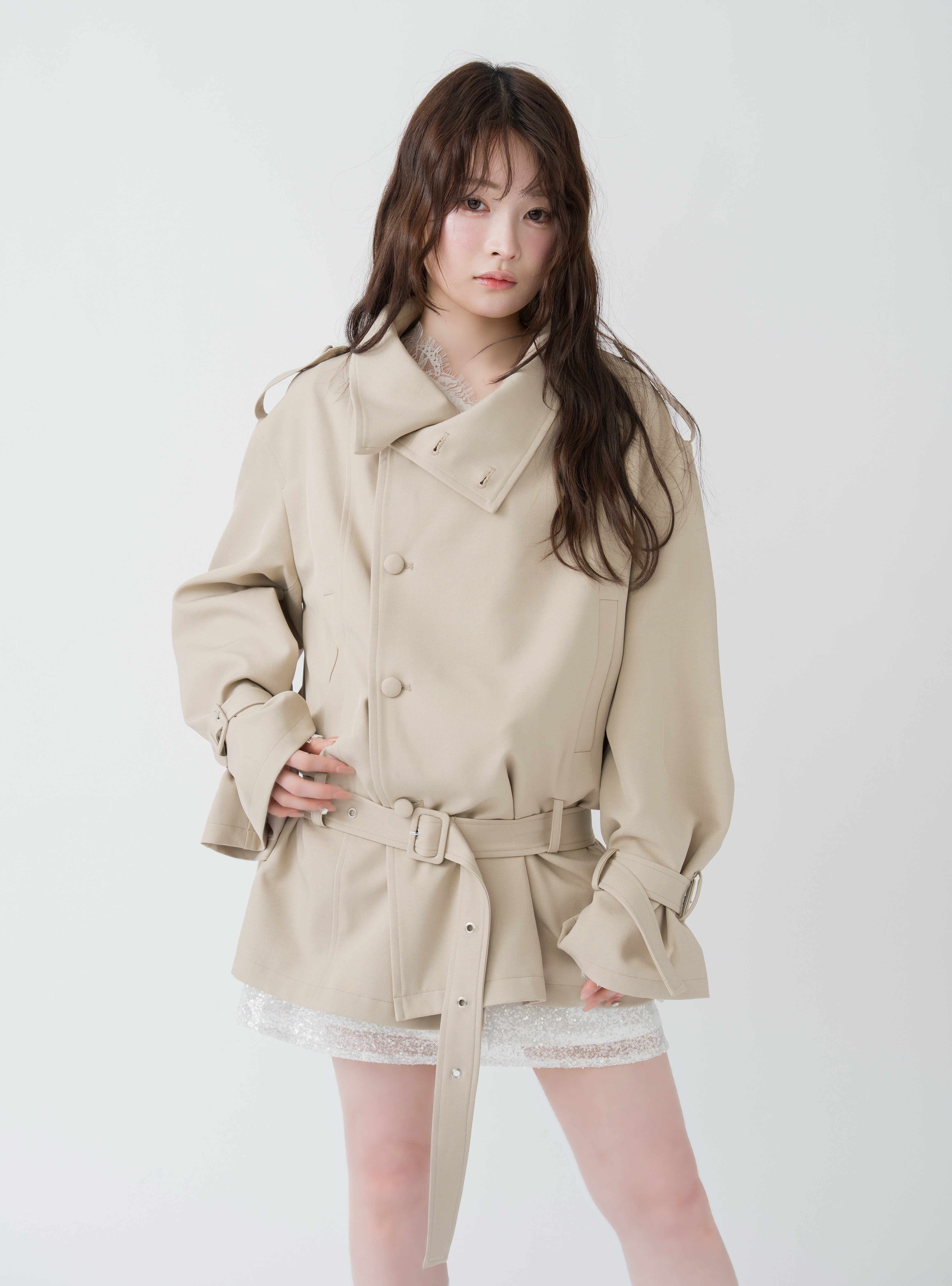 2wayスタンドカラーショートトレンチコート
