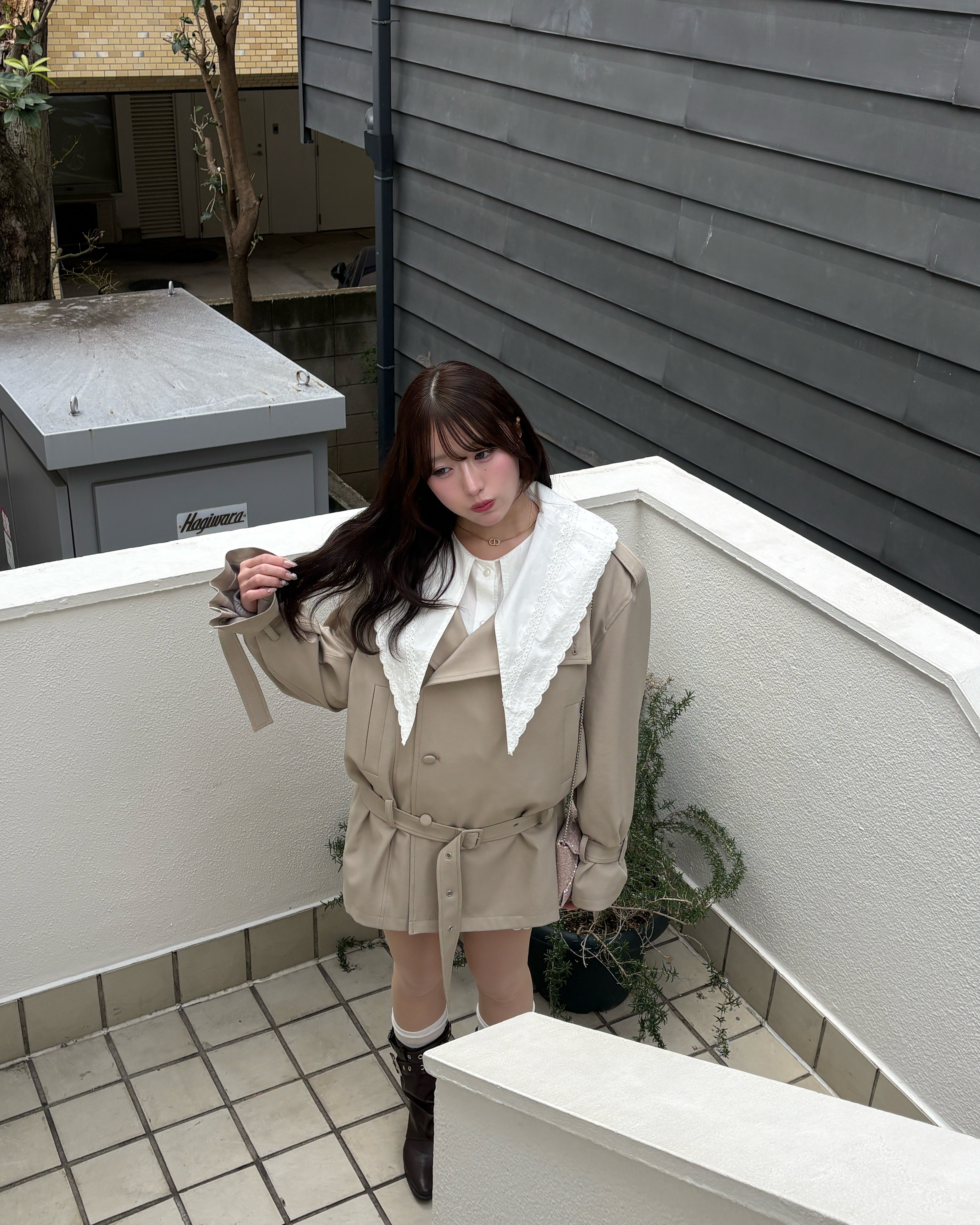 2wayスタンドカラーショートトレンチコート