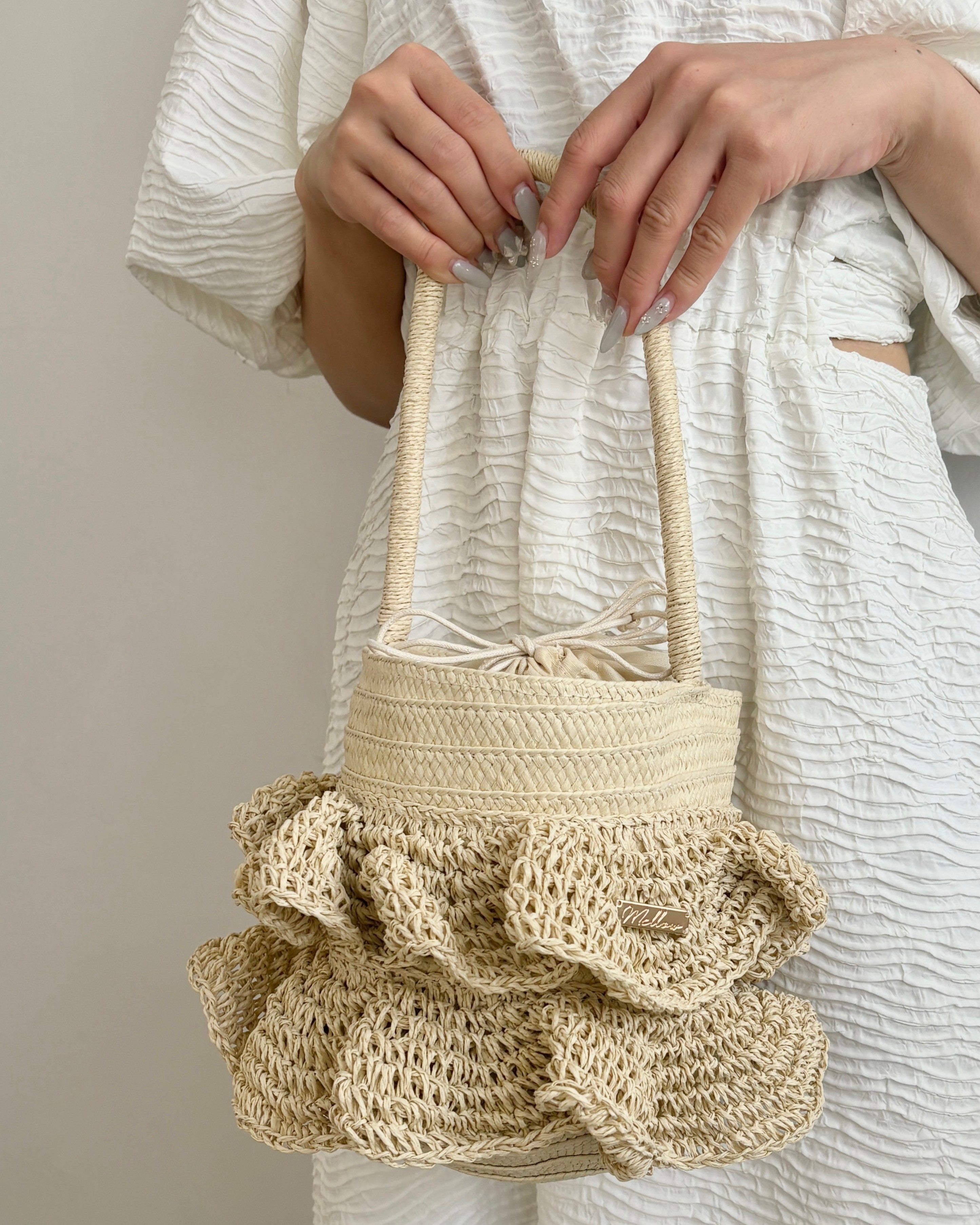 Logo Plate Frilled Basket Bag