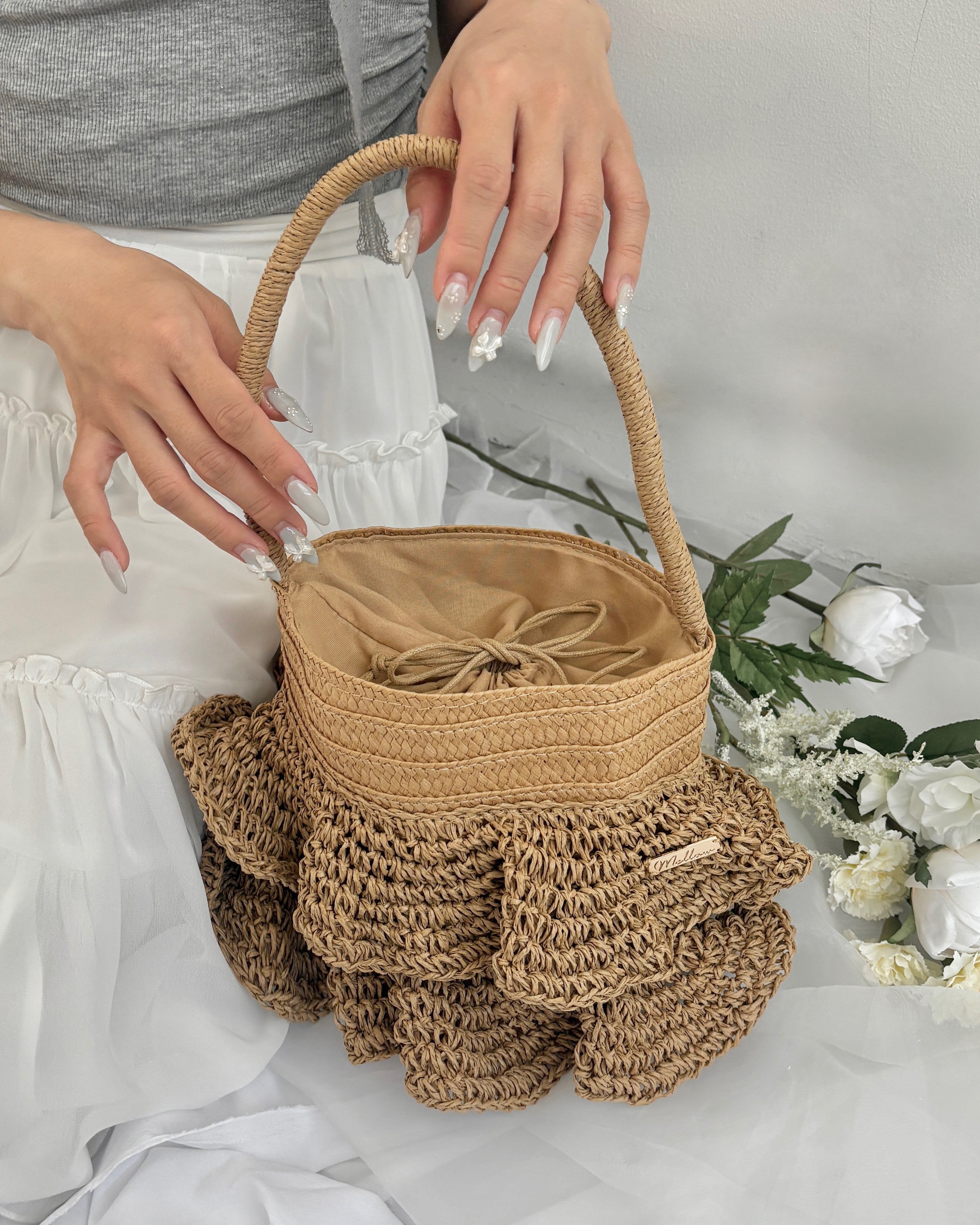 Logo Plate Frilled Basket Bag