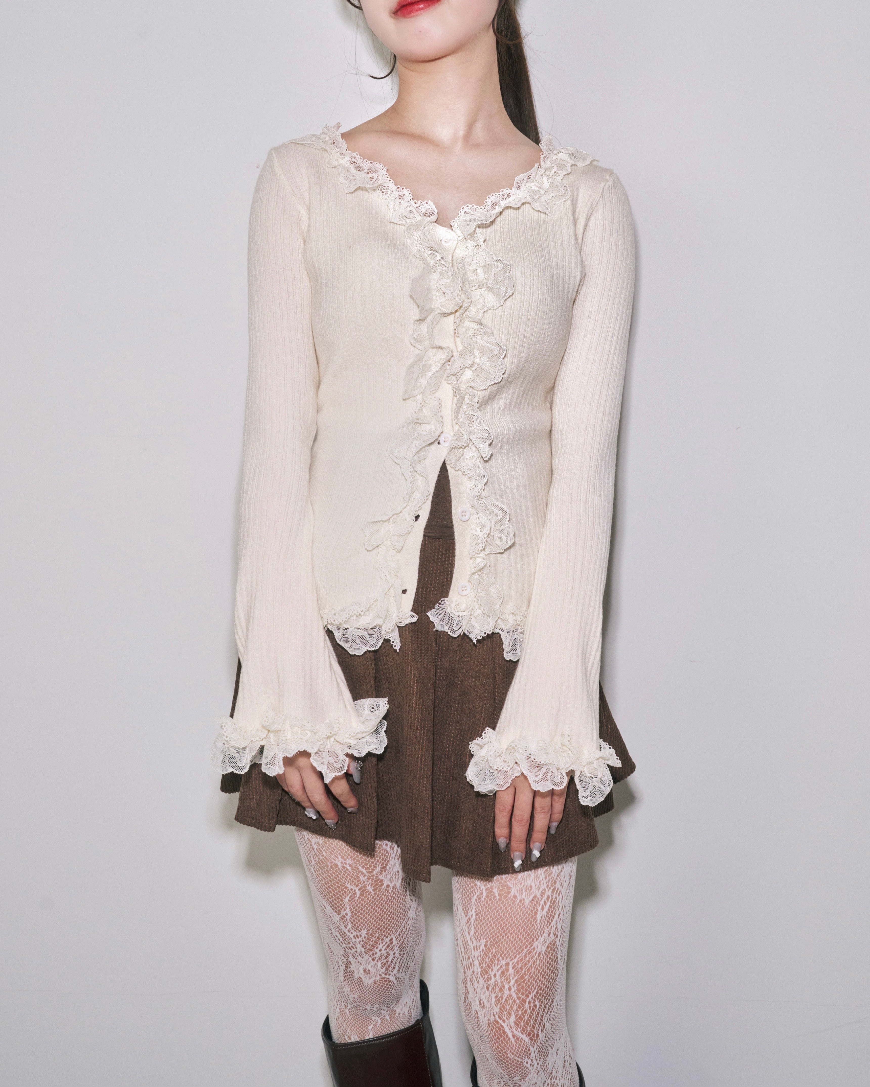 蕾丝荷叶边针织开衫