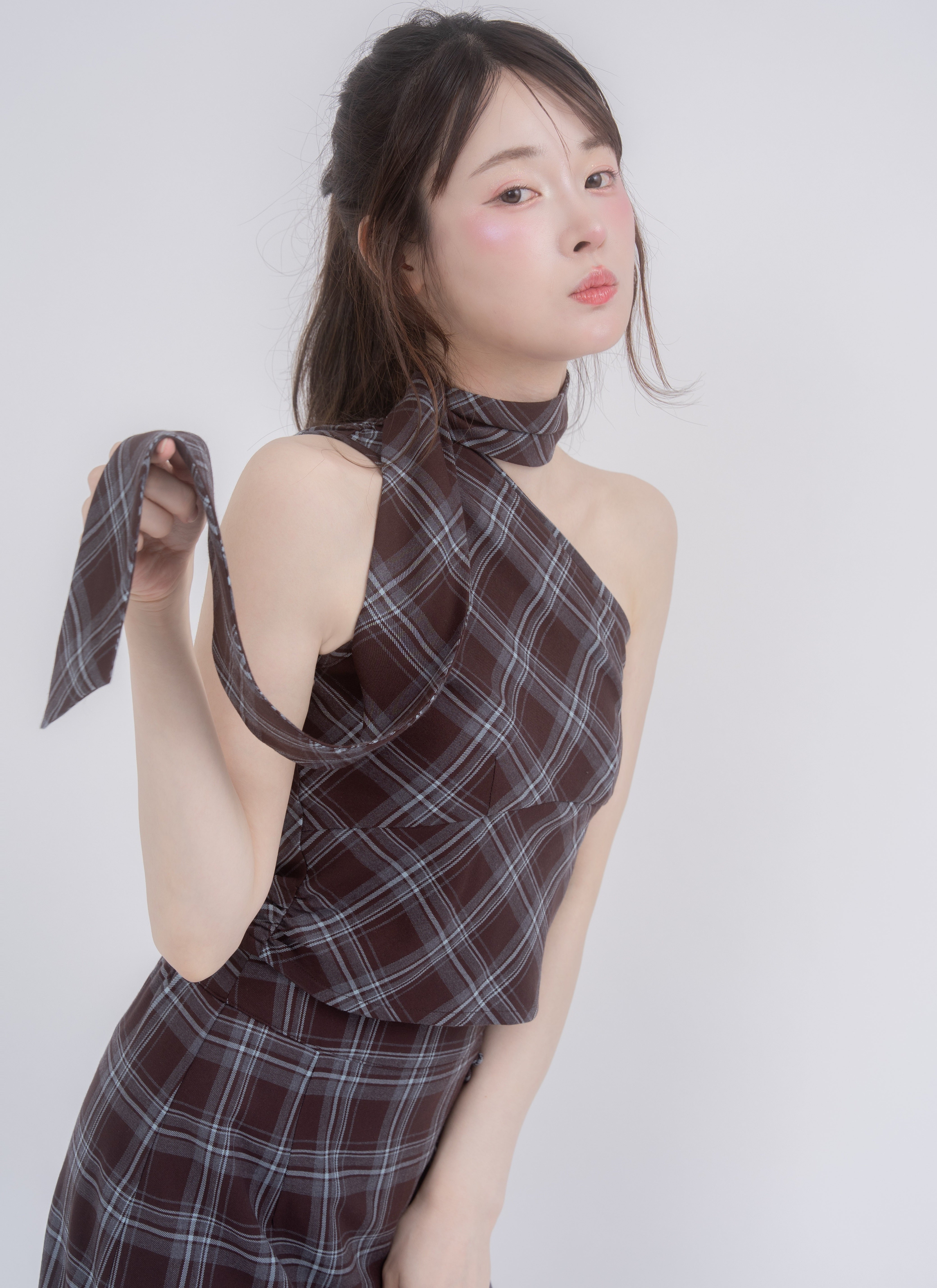 アシメトップススリットスカートチェックセットアップ