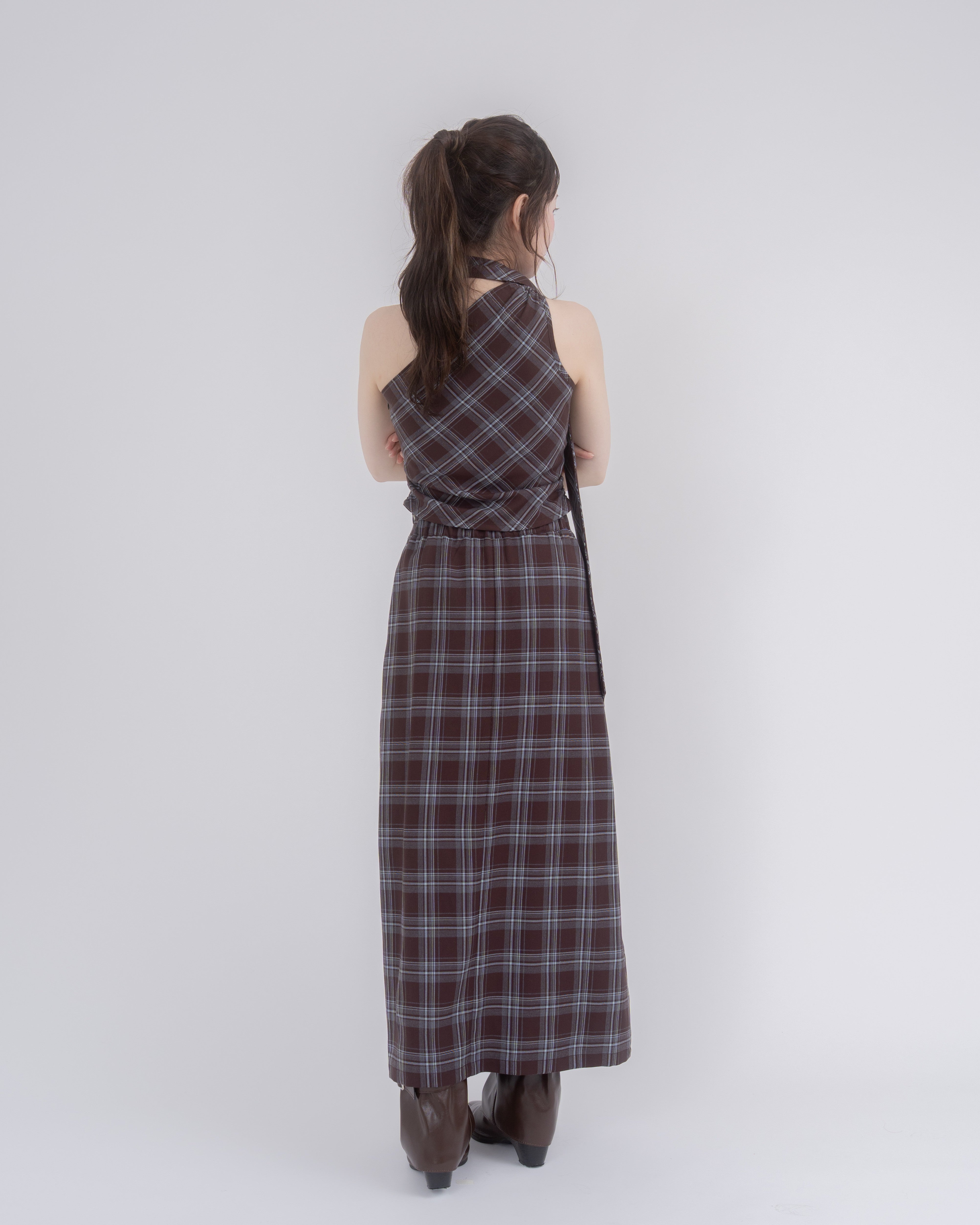アシメトップススリットスカートチェックセットアップ