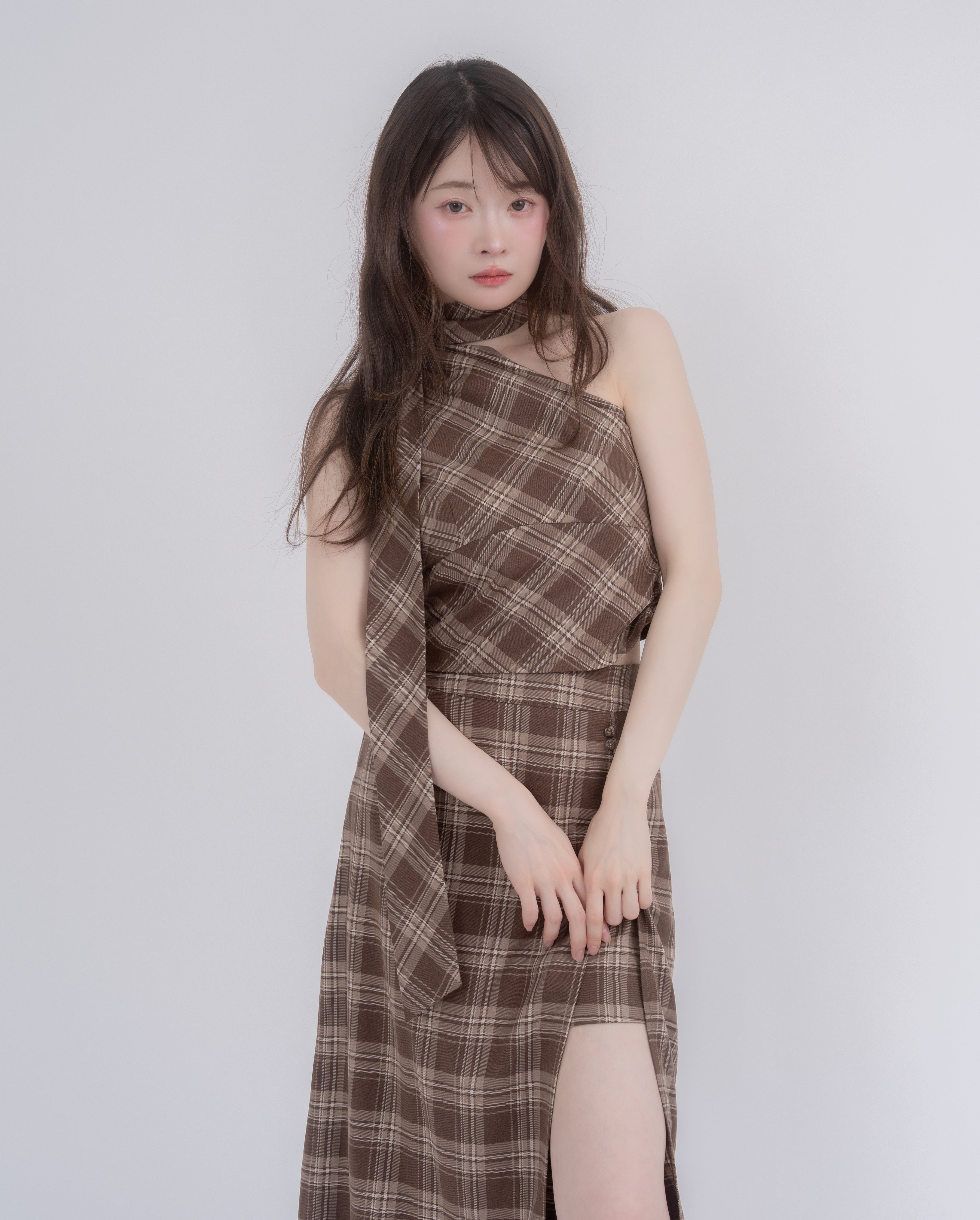 アシメトップススリットスカートチェックセットアップ