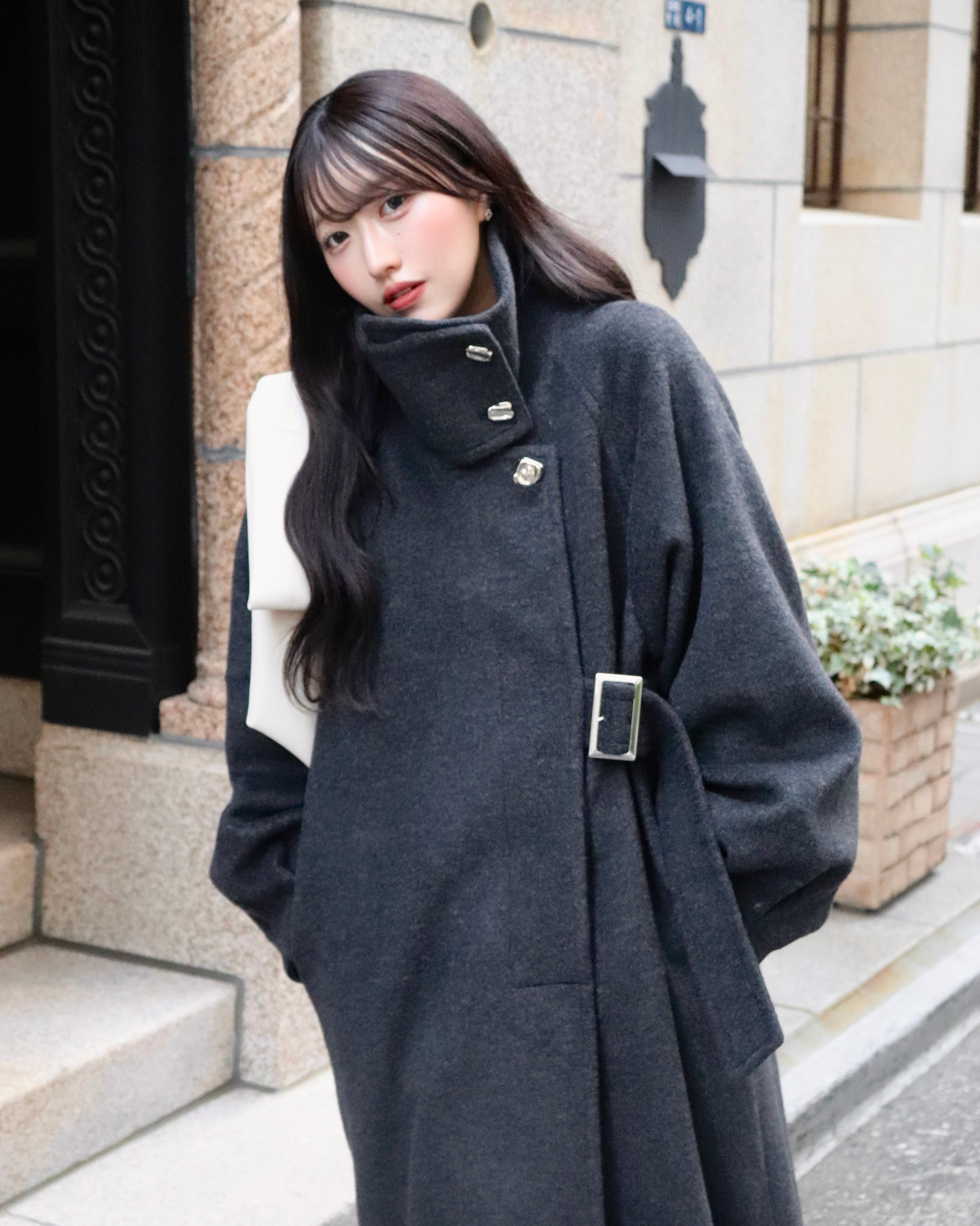 2wayスタンドカラーサイドベルトロングコート