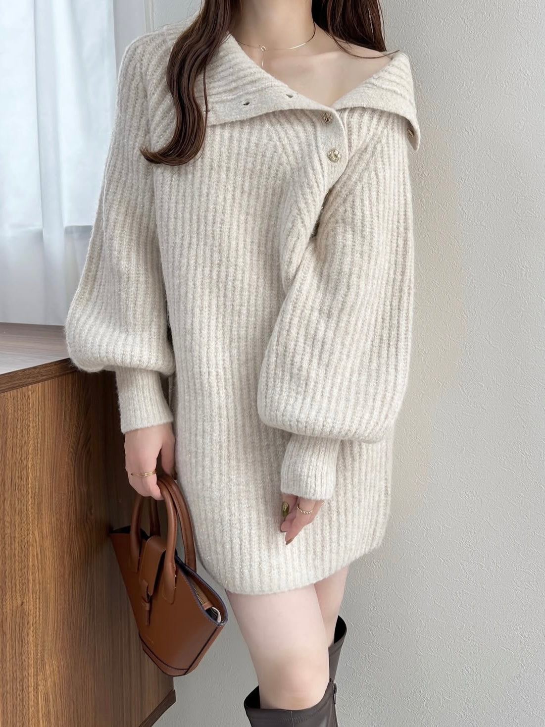 按钮详细信息闪光编织迷你连衣裙