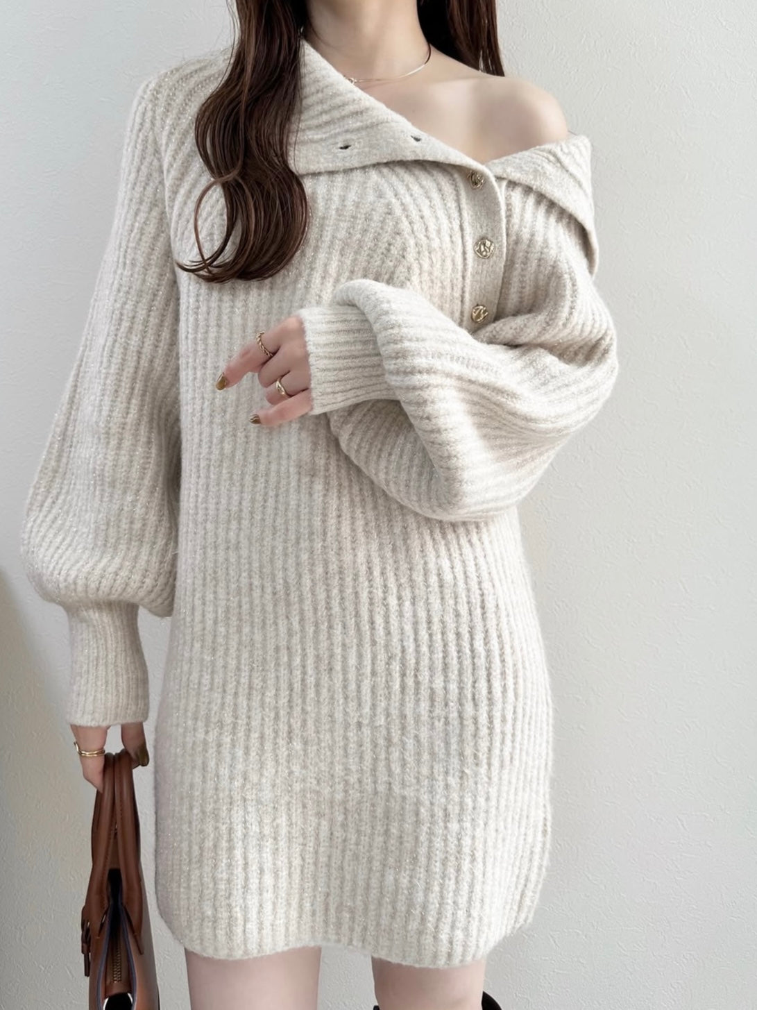 按钮详细信息闪光编织迷你连衣裙