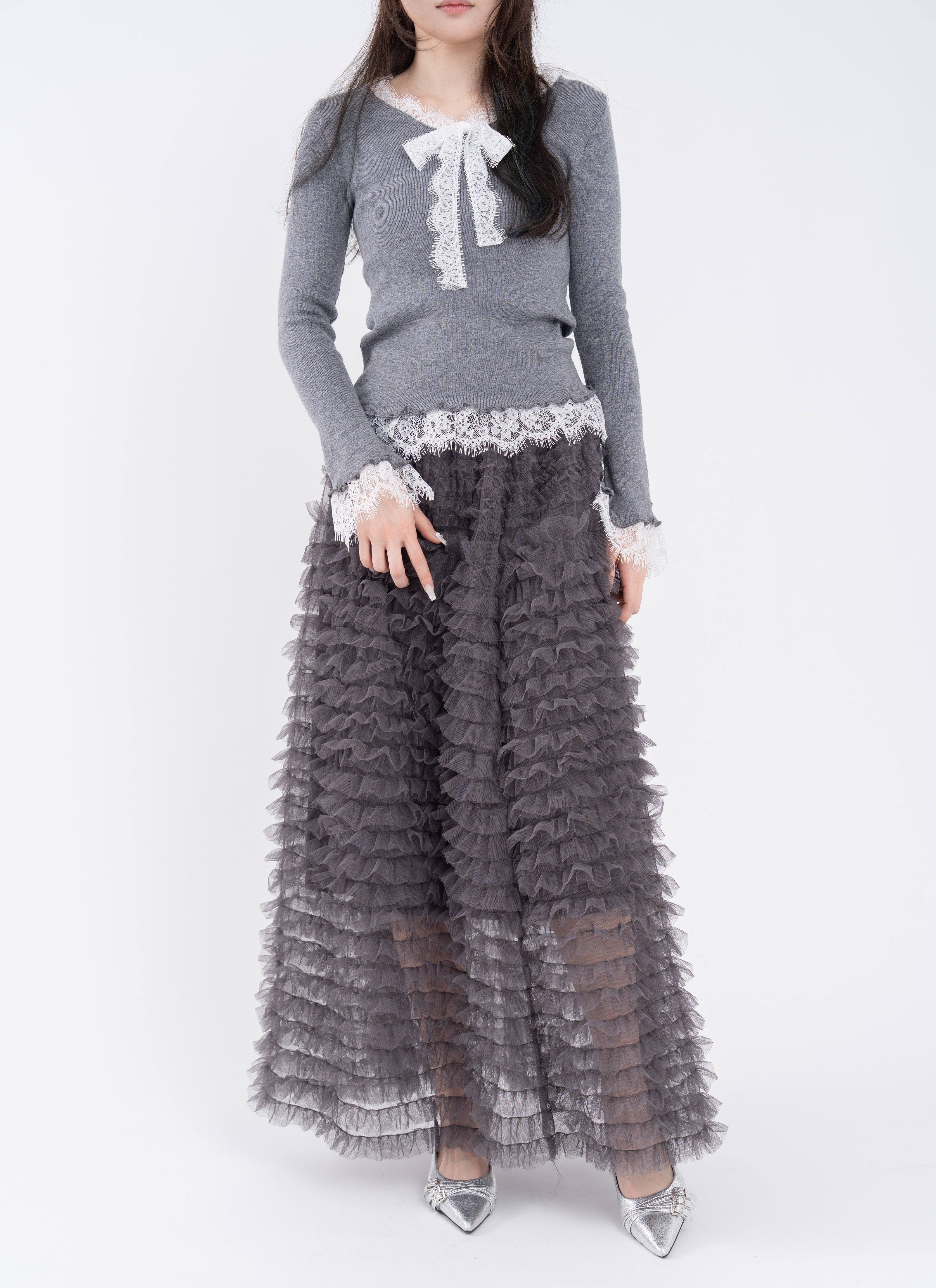 ボリュームフリルチュールスカート