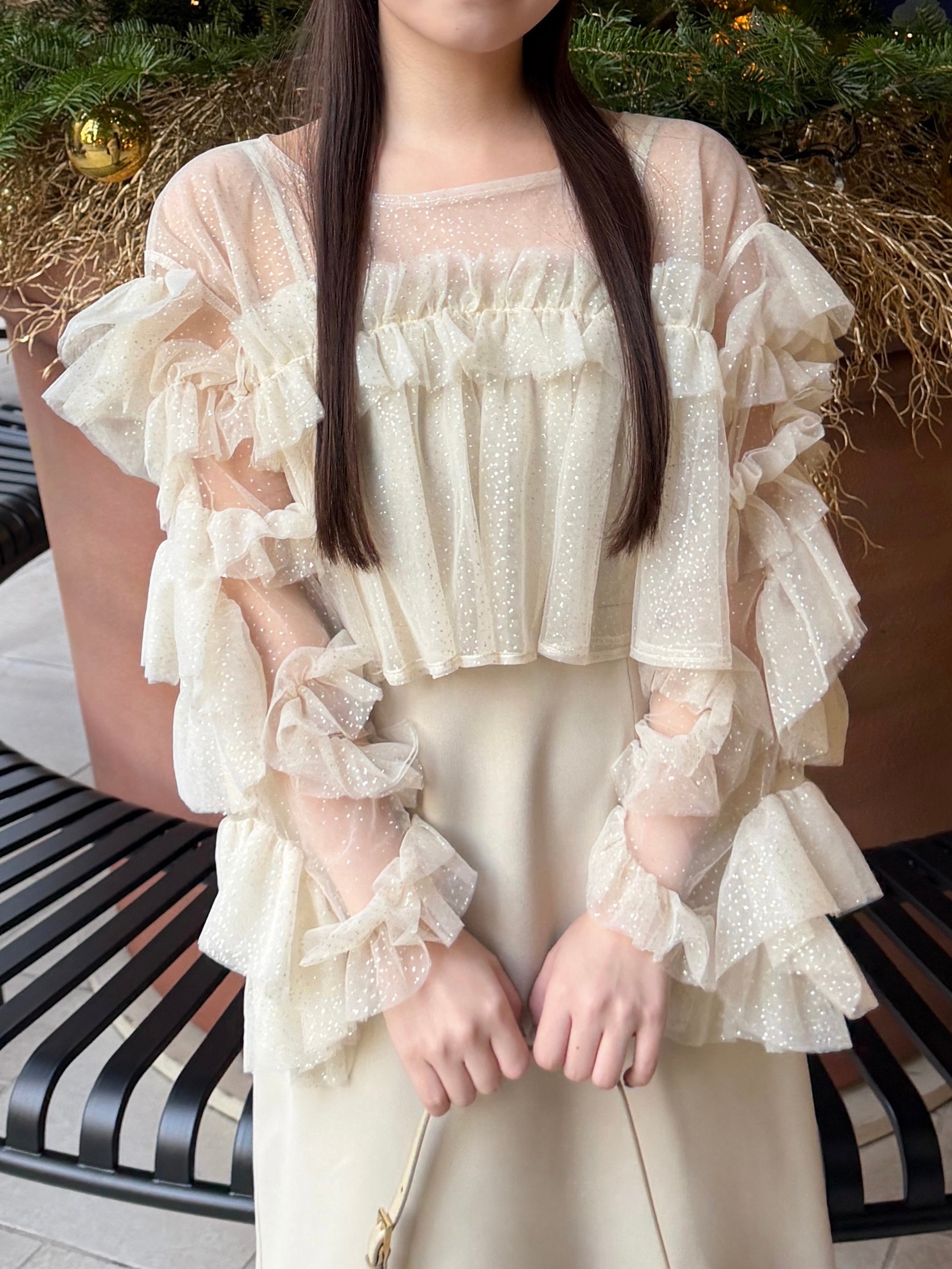 褶边金银丝薄纱场合连衣裙