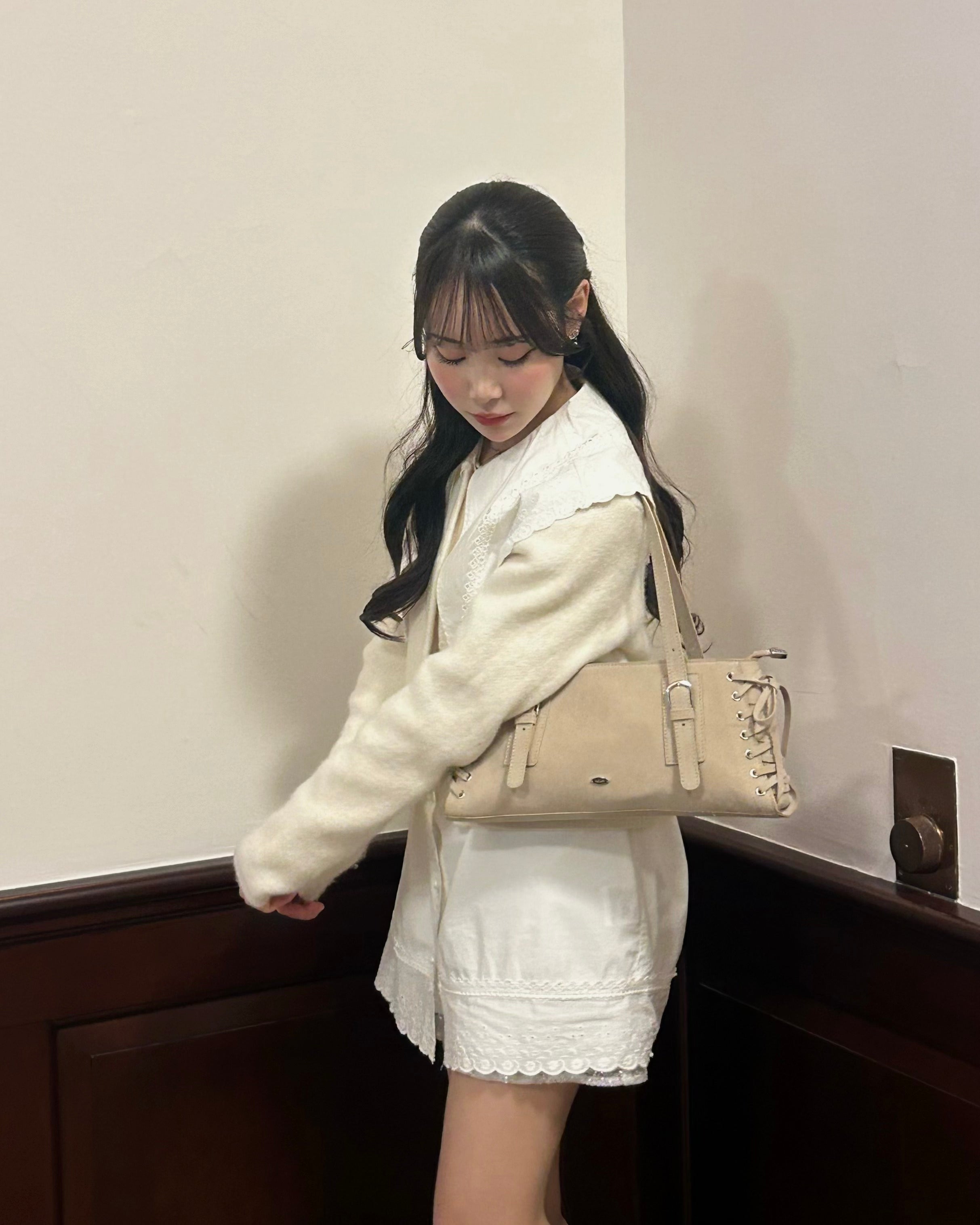 レースアップスウェードライクスクエアバッグ