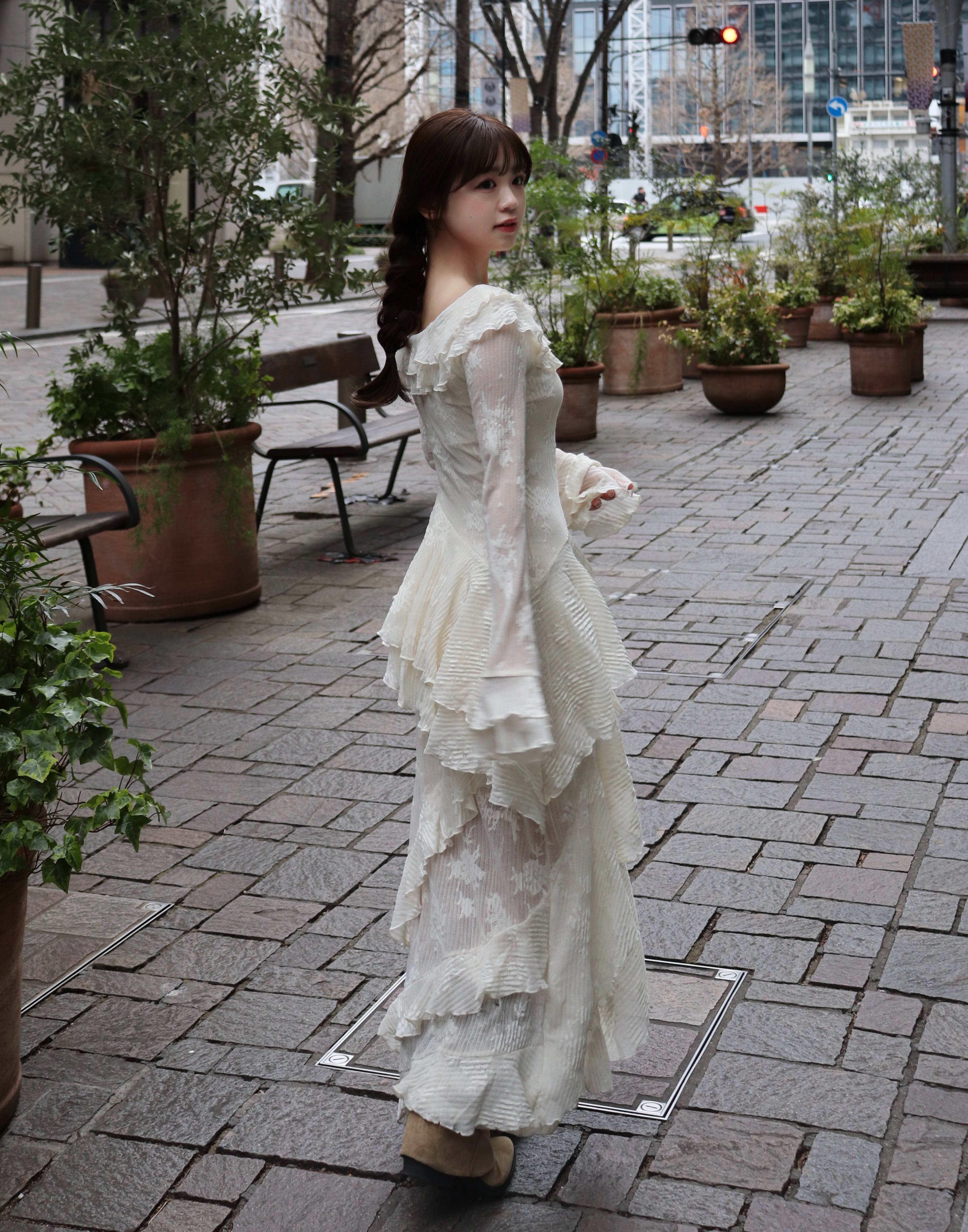 3wayアシンメトリーフリルレースワンピース