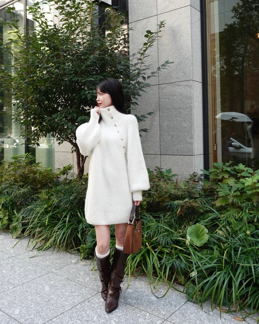 ボタンディテールラメニットミニワンピース