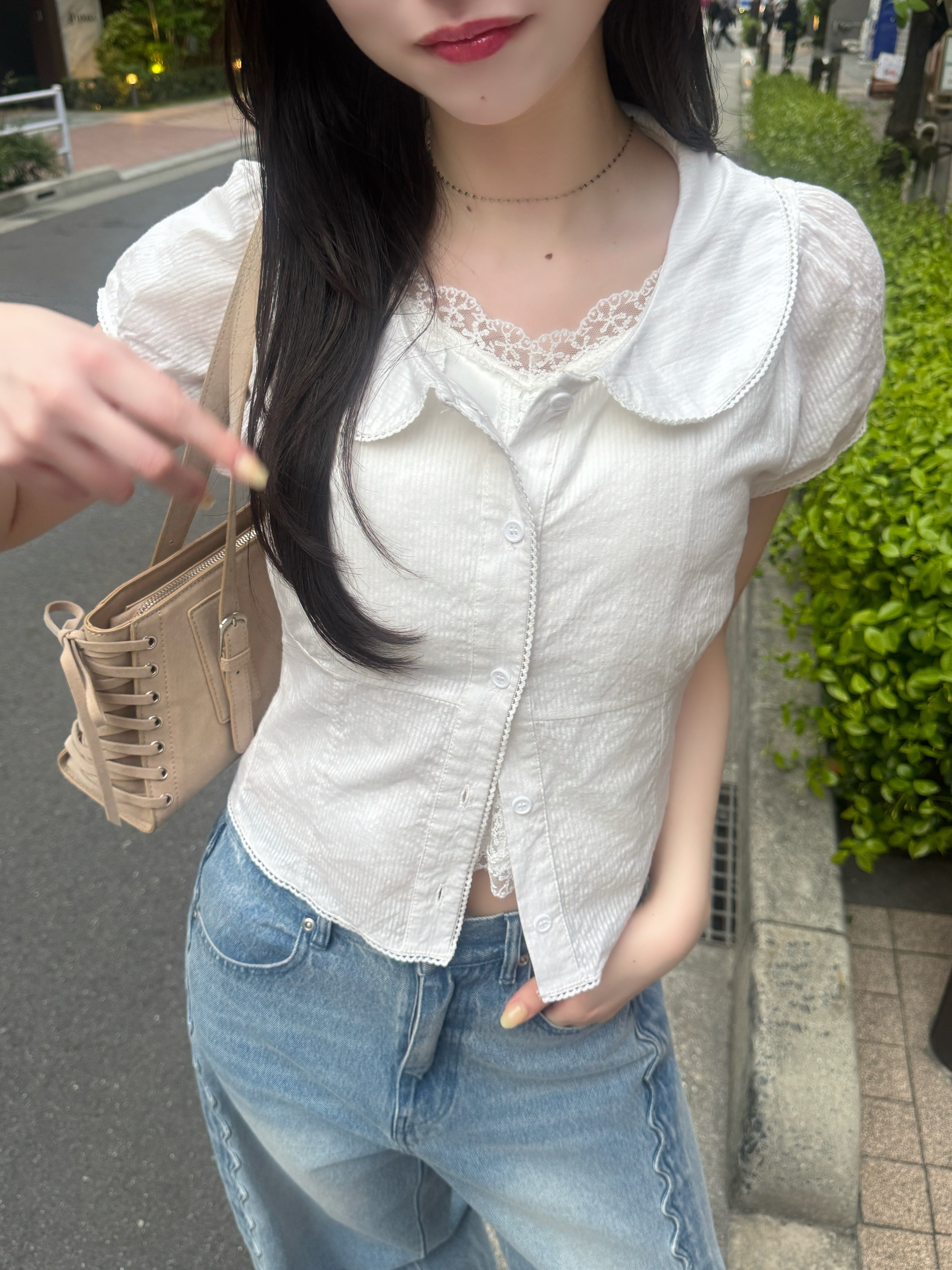 バックリボンキャップスリーブブラウス