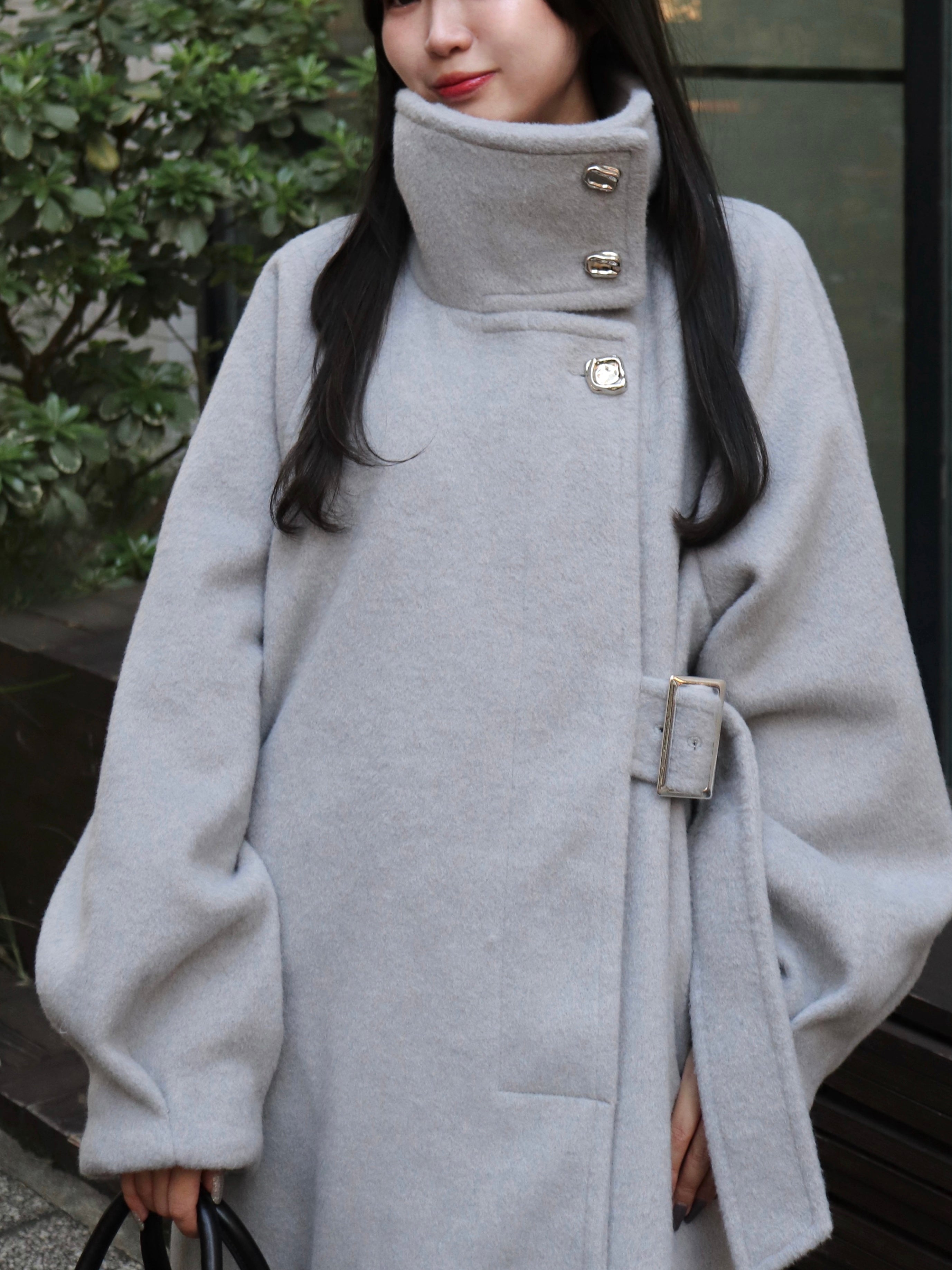 2wayスタンドカラーサイドベルトロングコート