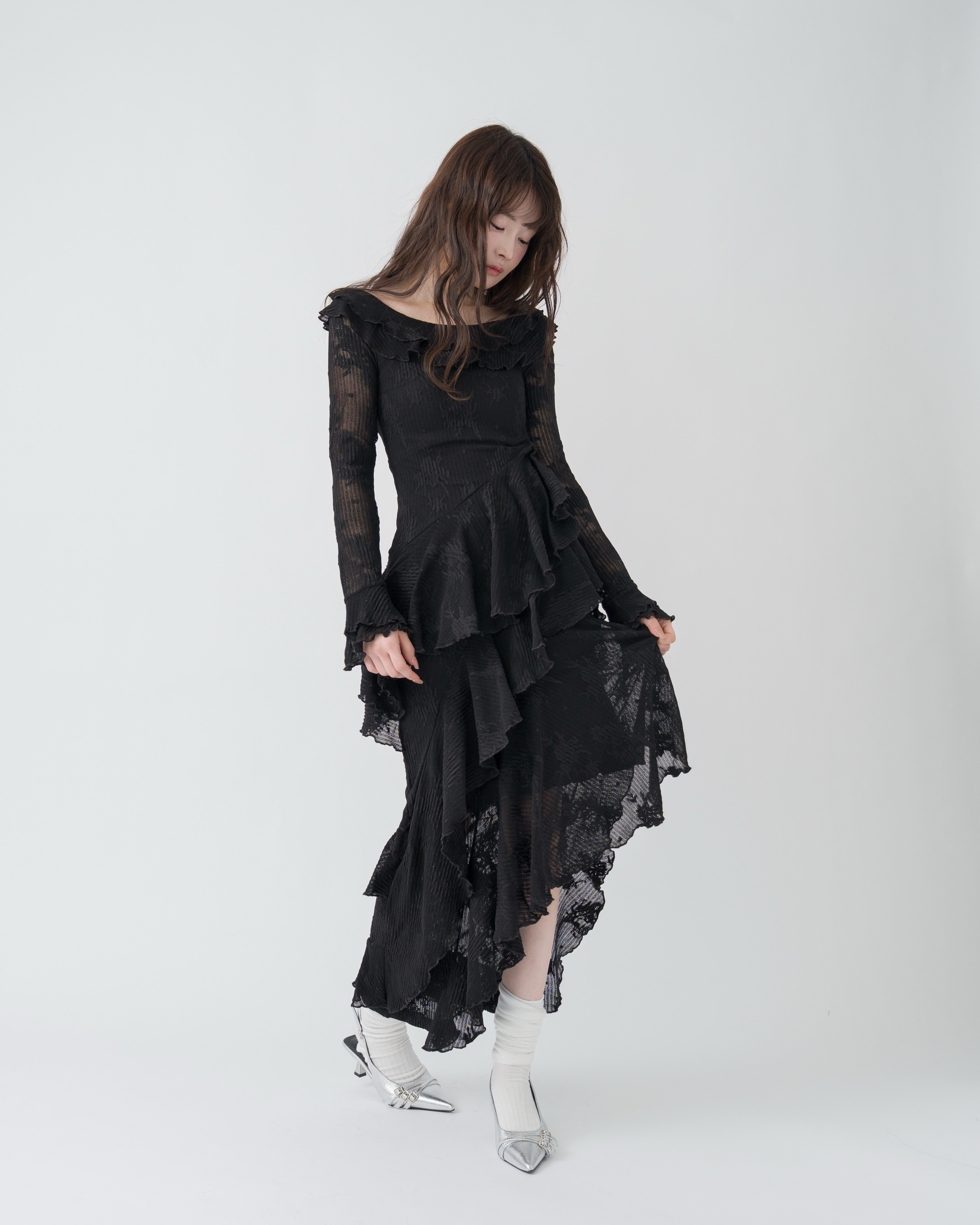 3wayアシンメトリーフリルレースワンピース