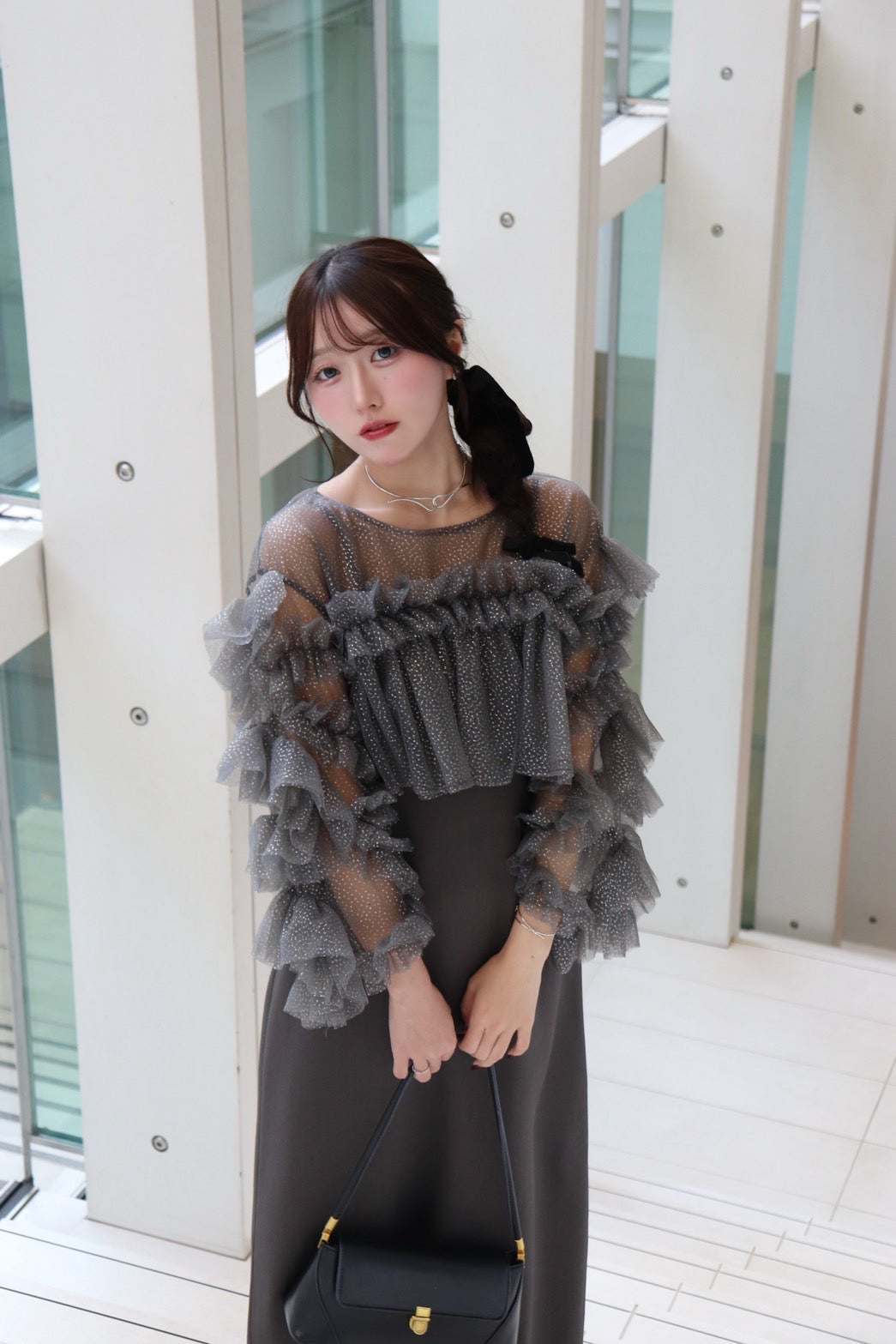 褶边金银丝薄纱场合连衣裙