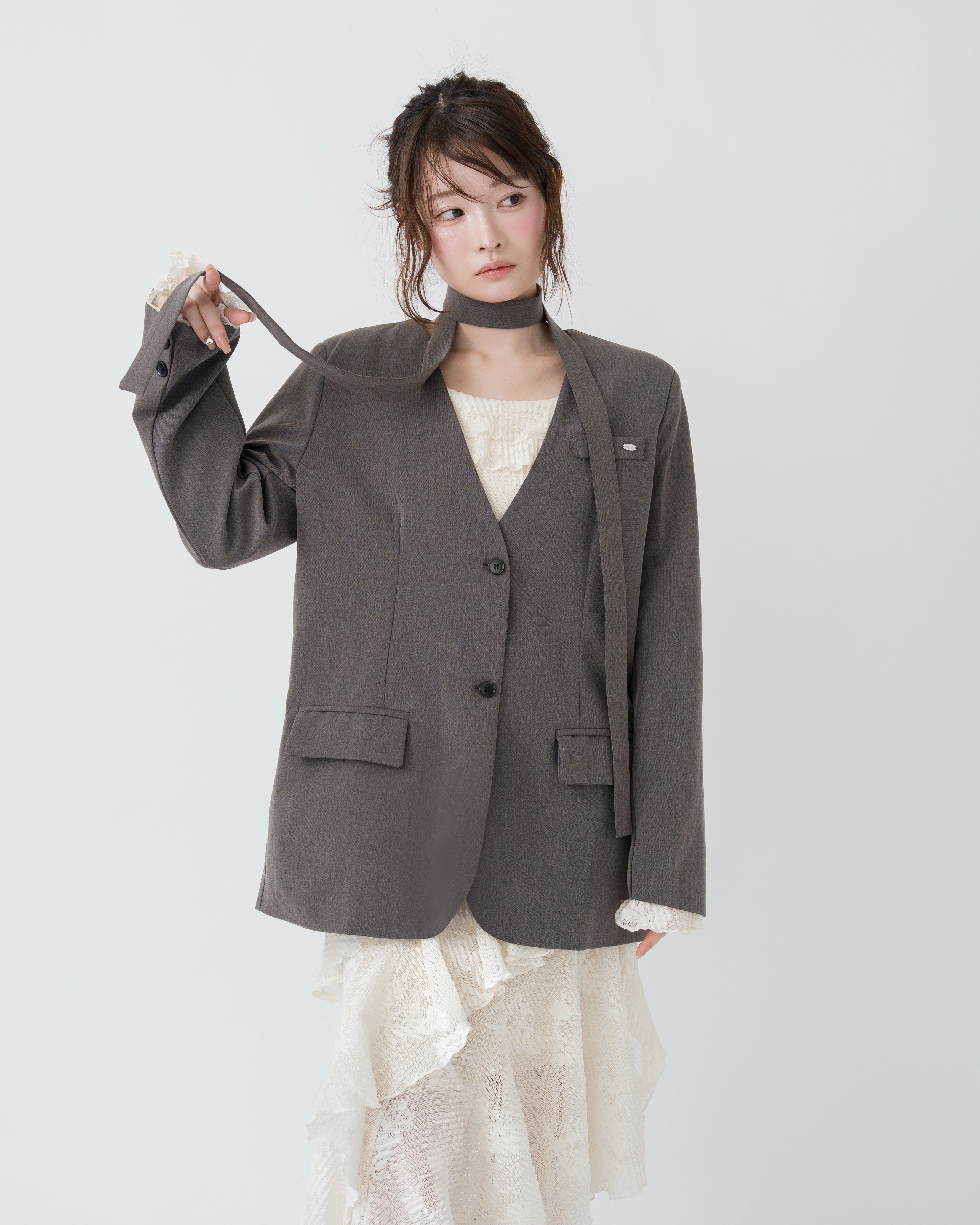 予約】リボンタイノーカラージャケット｜MELLOWNEON (メロウネオン