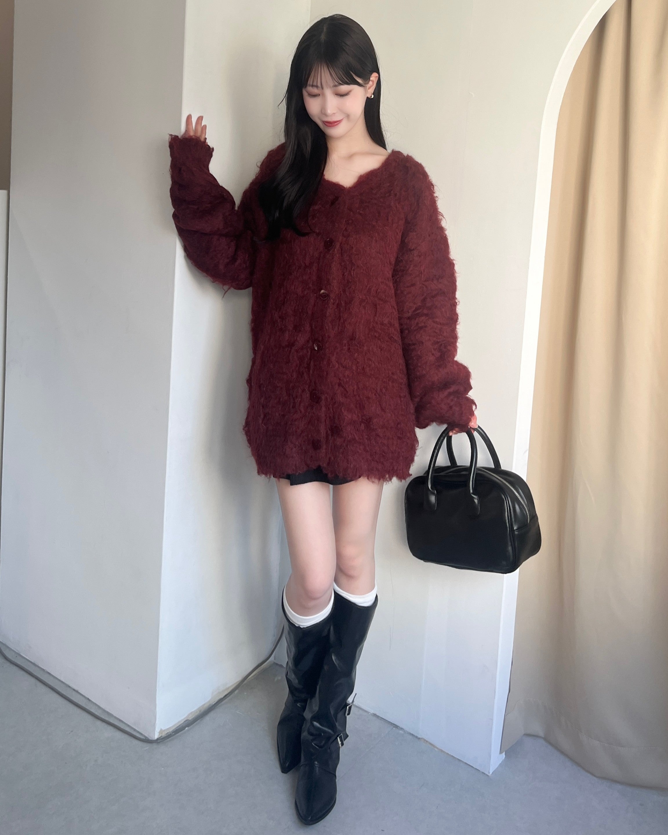 毛茸茸的针织长开衫