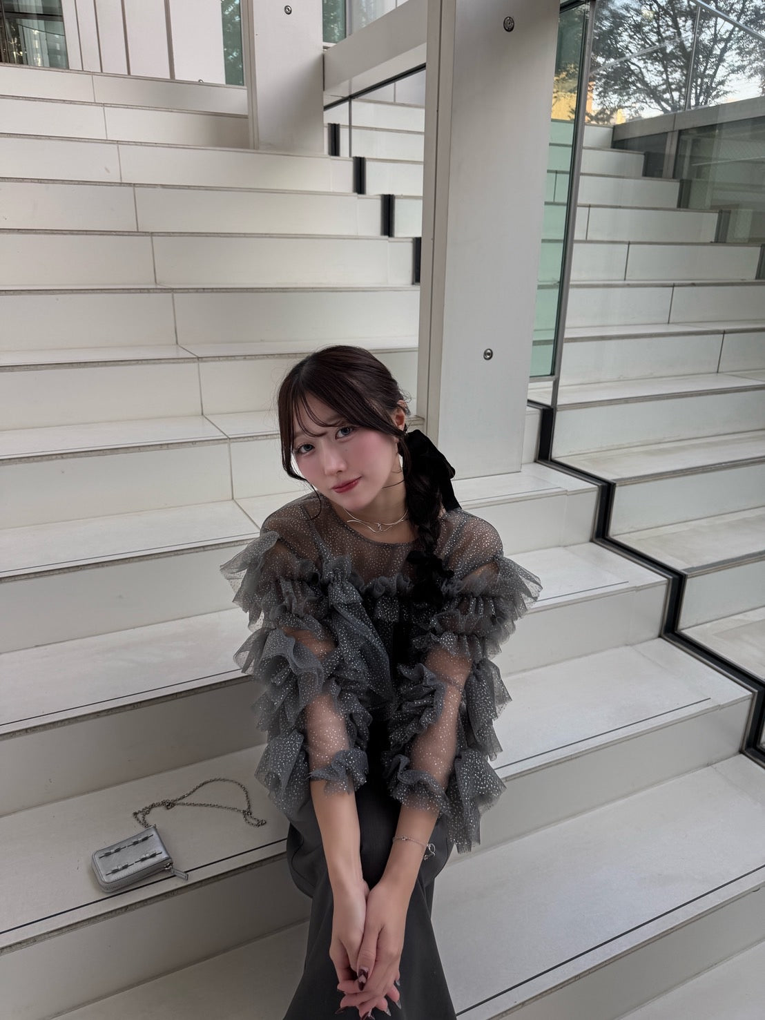 褶边金银丝薄纱场合连衣裙