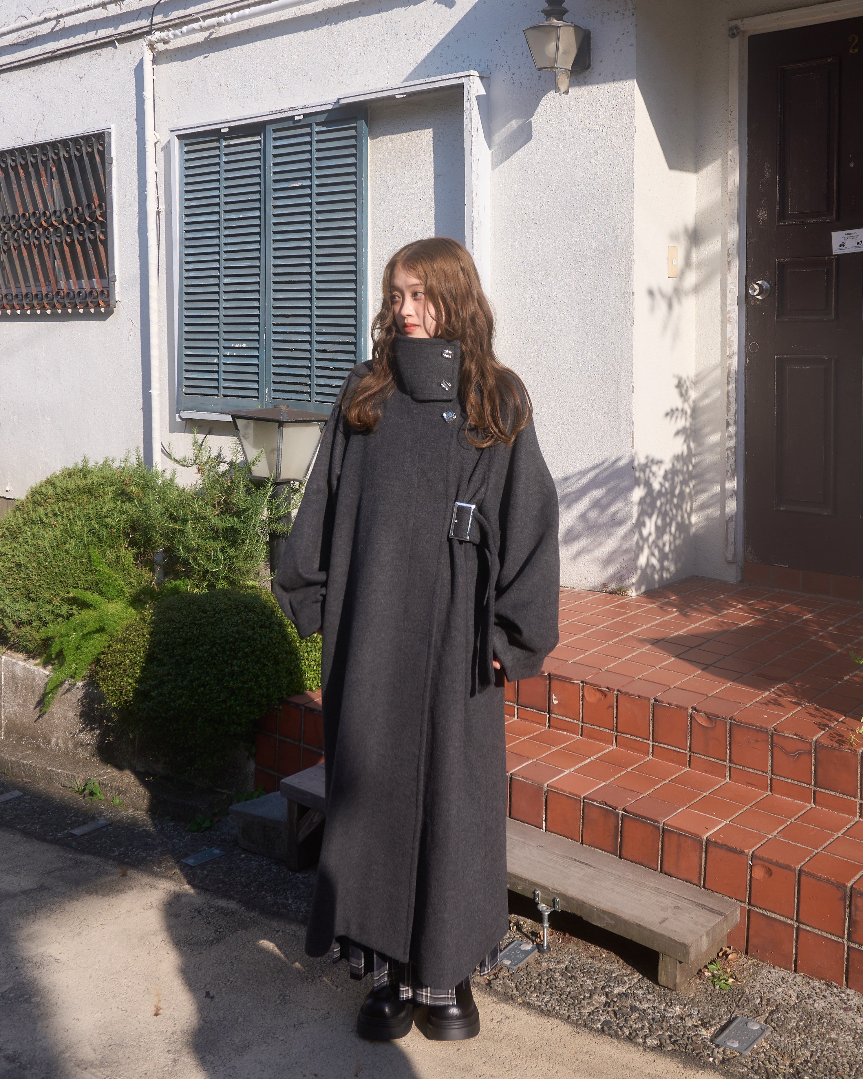 2wayスタンドカラーサイドベルトロングコート