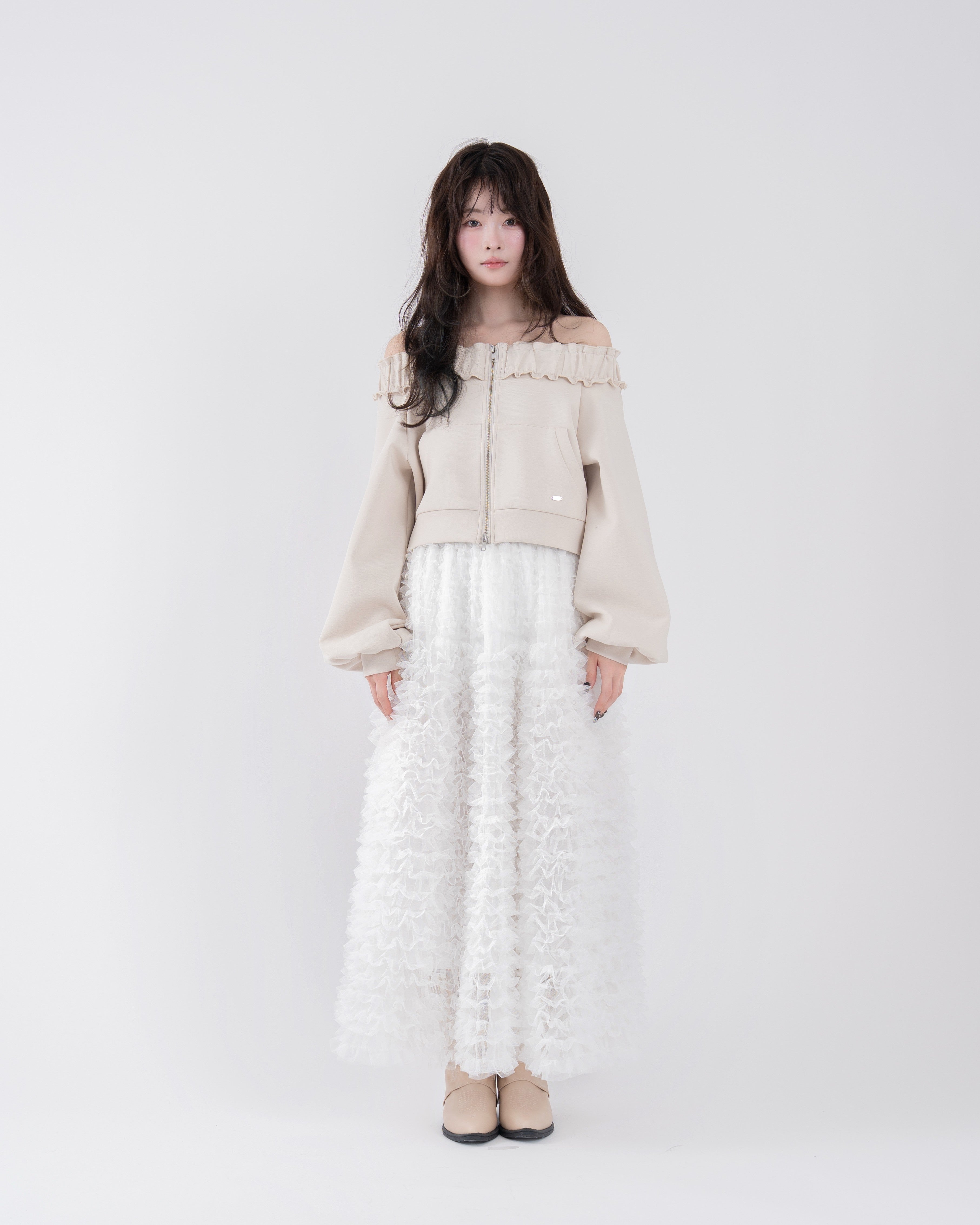 ダブルジップオフショルフリルスウェット