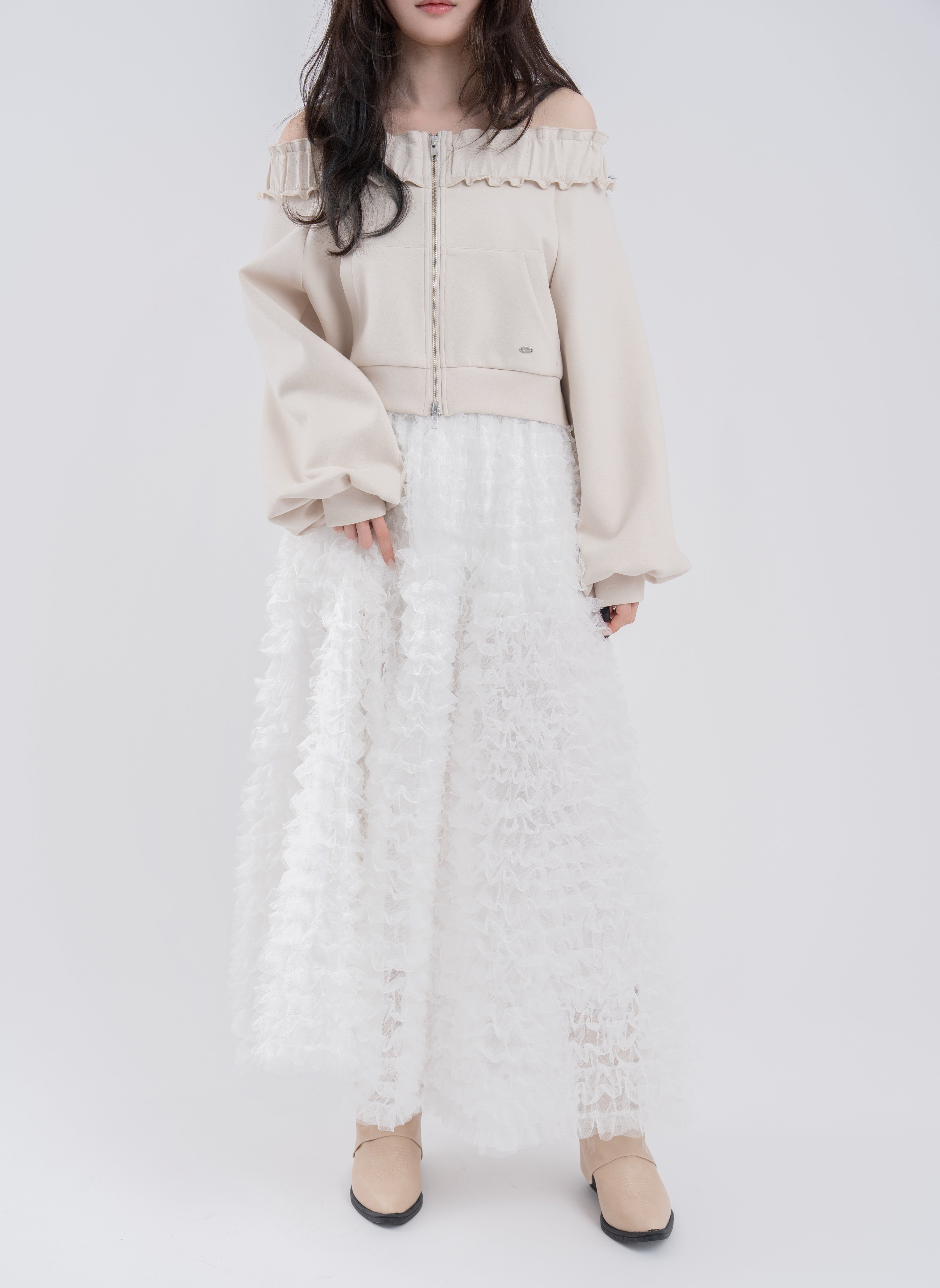 ダブルジップオフショルフリルスウェット