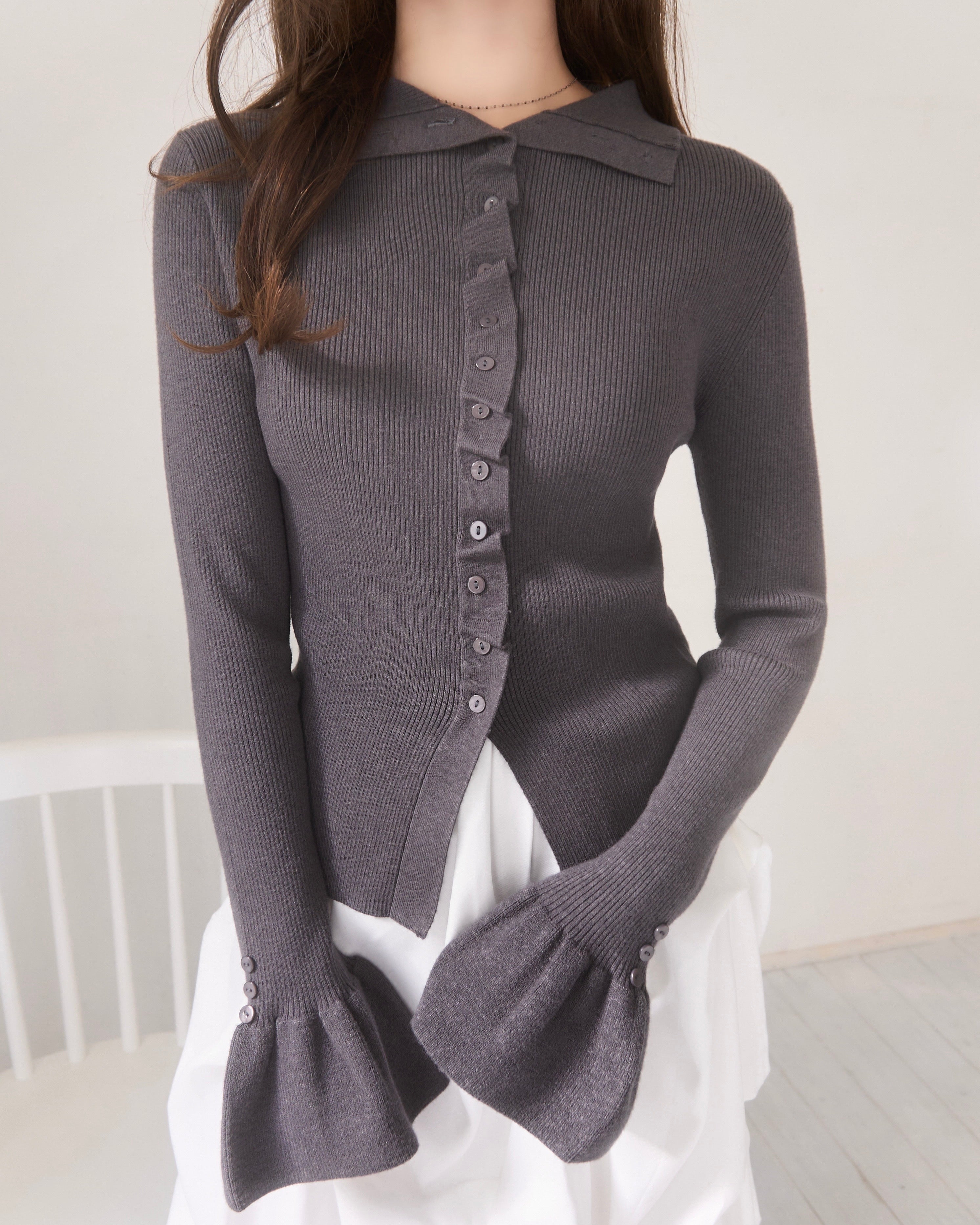 2wayボタンフリルデザインリブニット