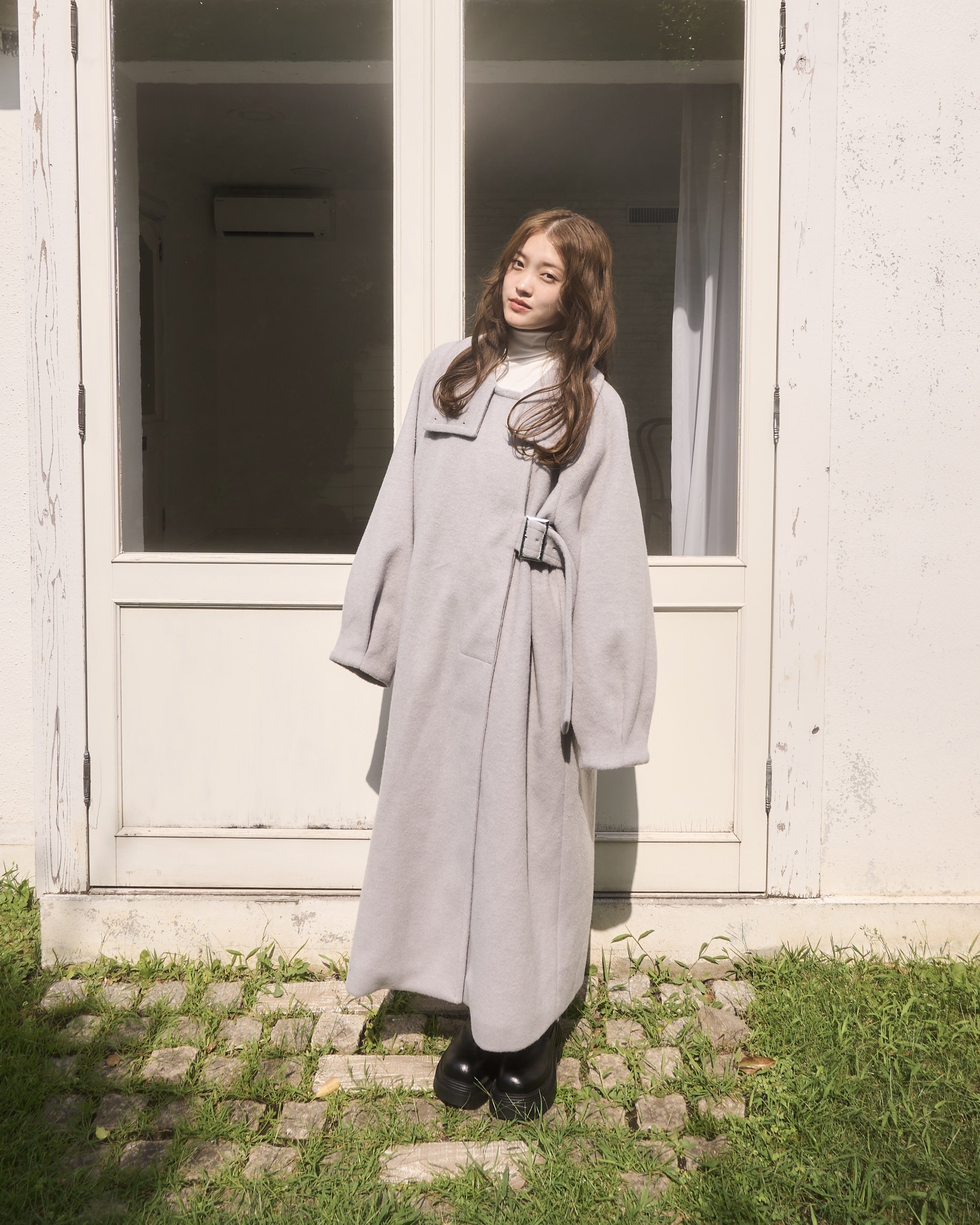 2wayスタンドカラーサイドベルトロングコート