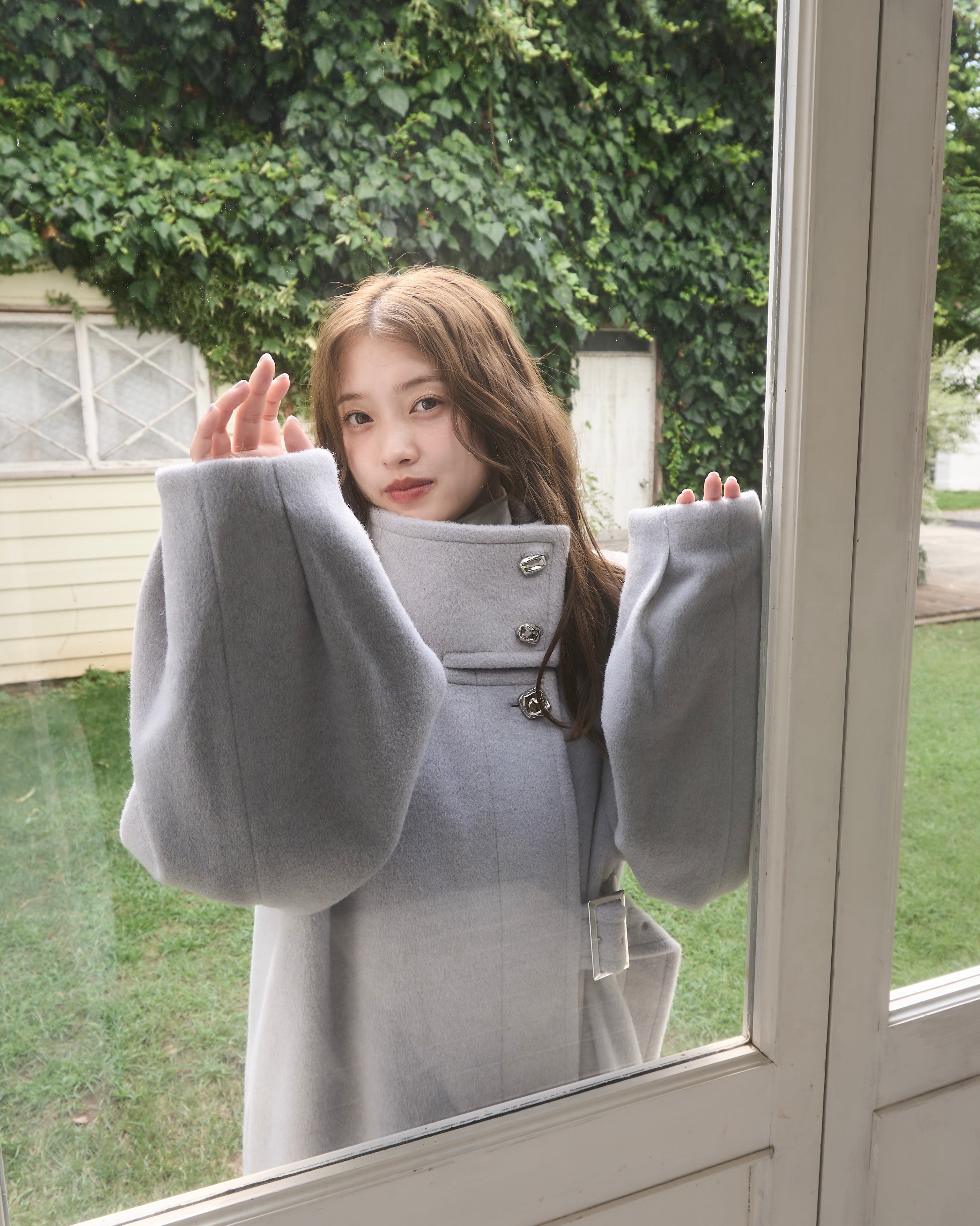 2wayスタンドカラーサイドベルトロングコート