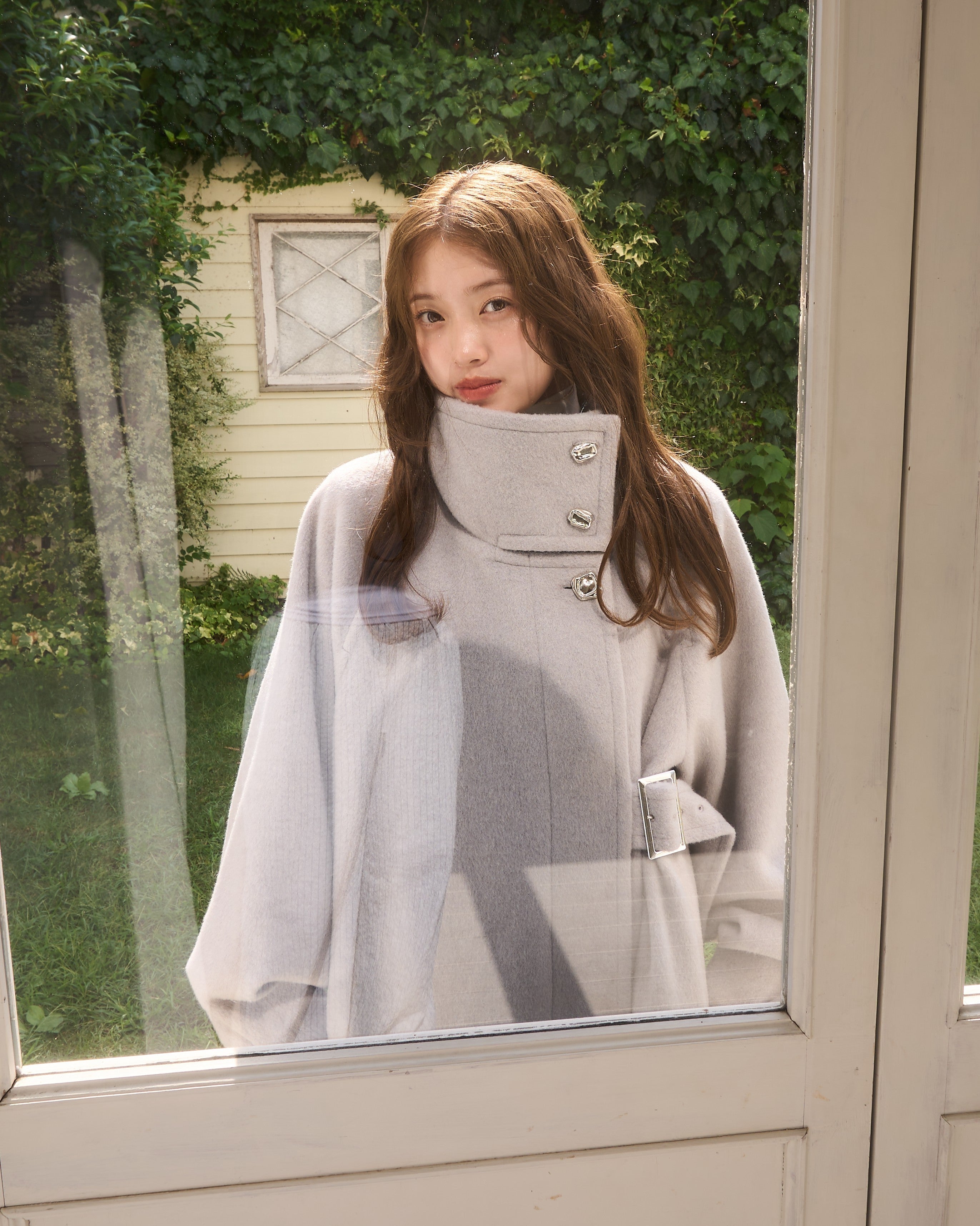 2wayスタンドカラーサイドベルトロングコート