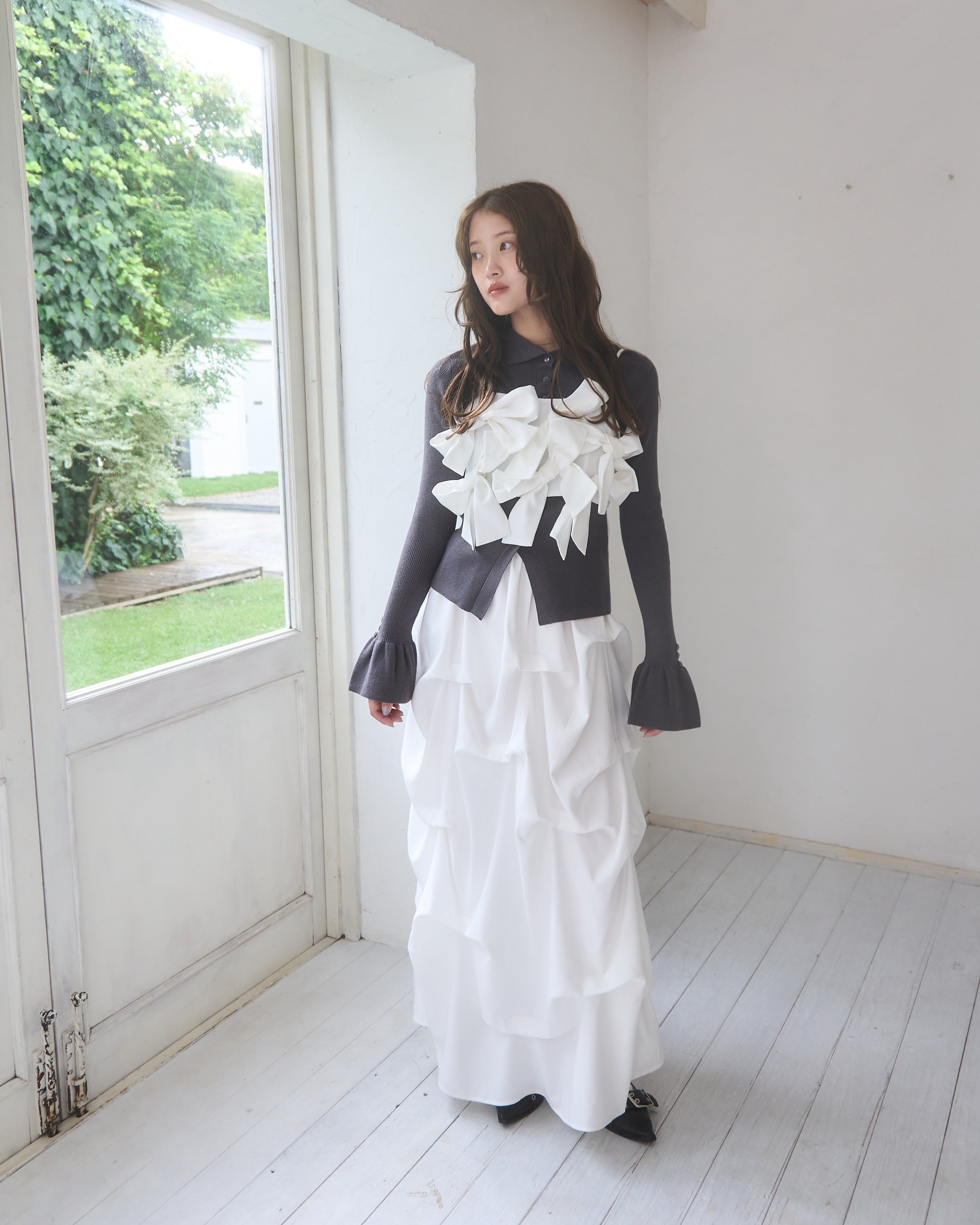 2wayボタンフリルデザインリブニット