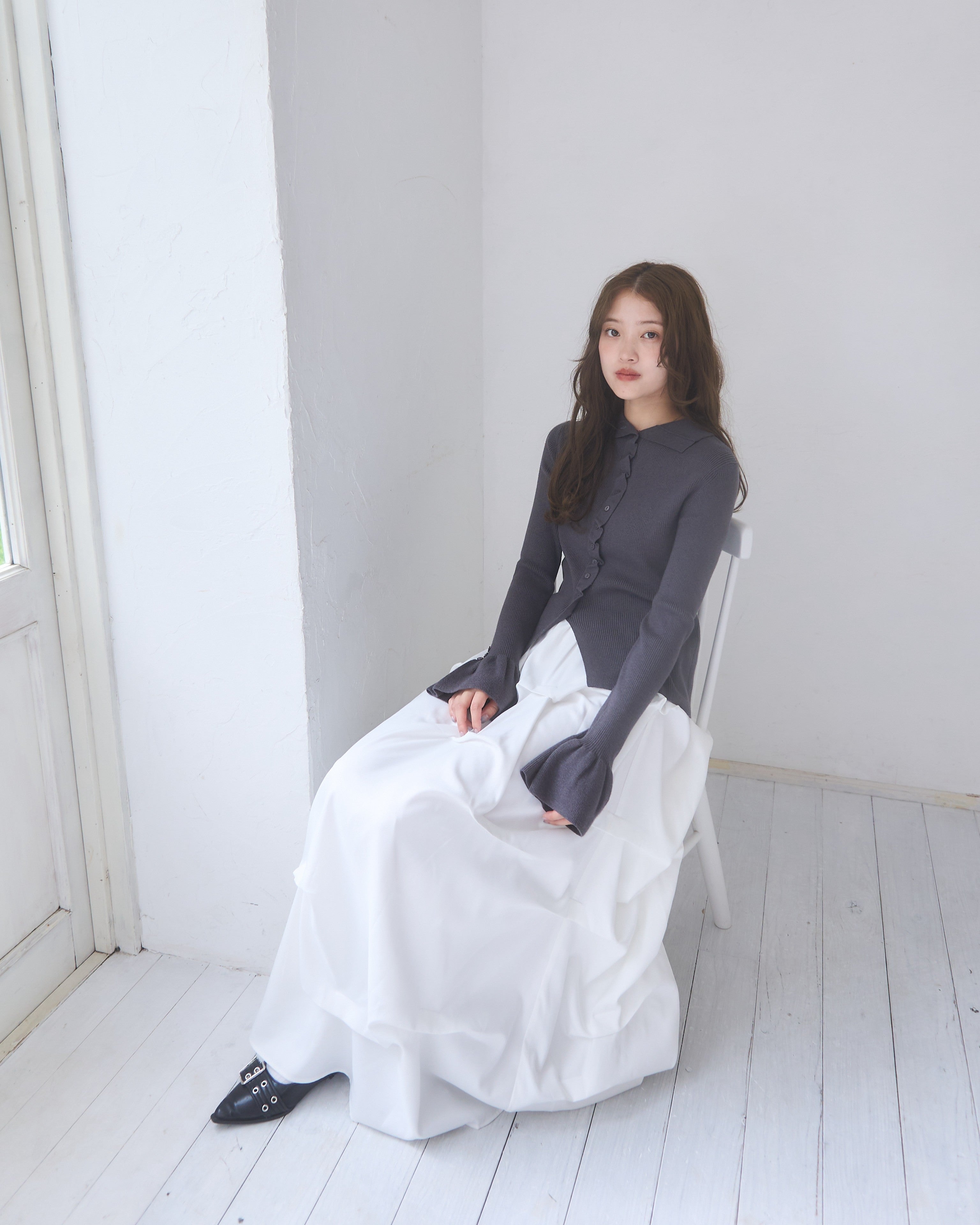 2wayボタンフリルデザインリブニット