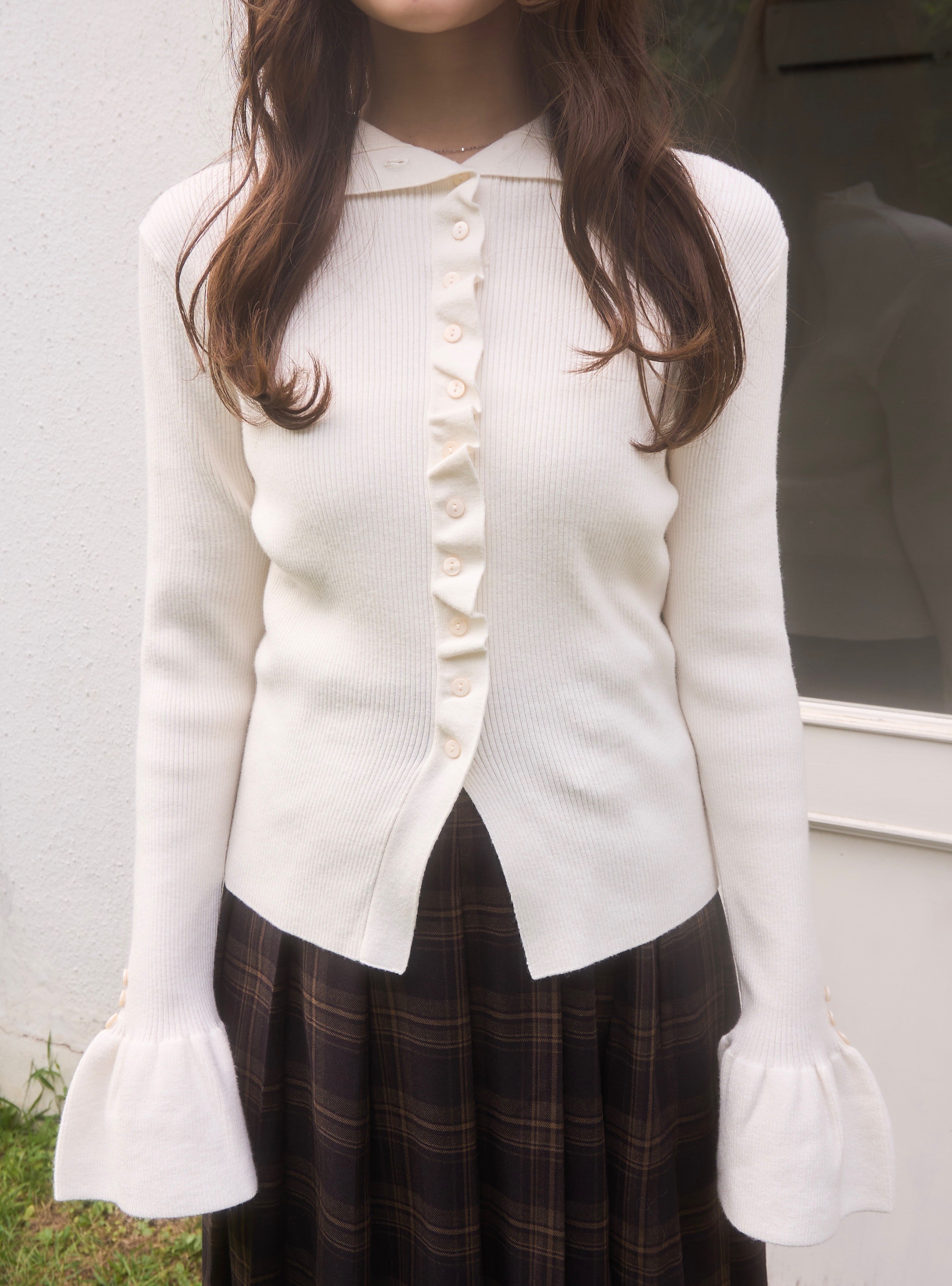 2wayボタンフリルデザインリブニット