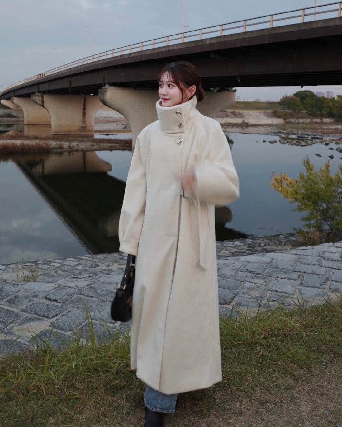 2wayスタンドカラーサイドベルトロングコート