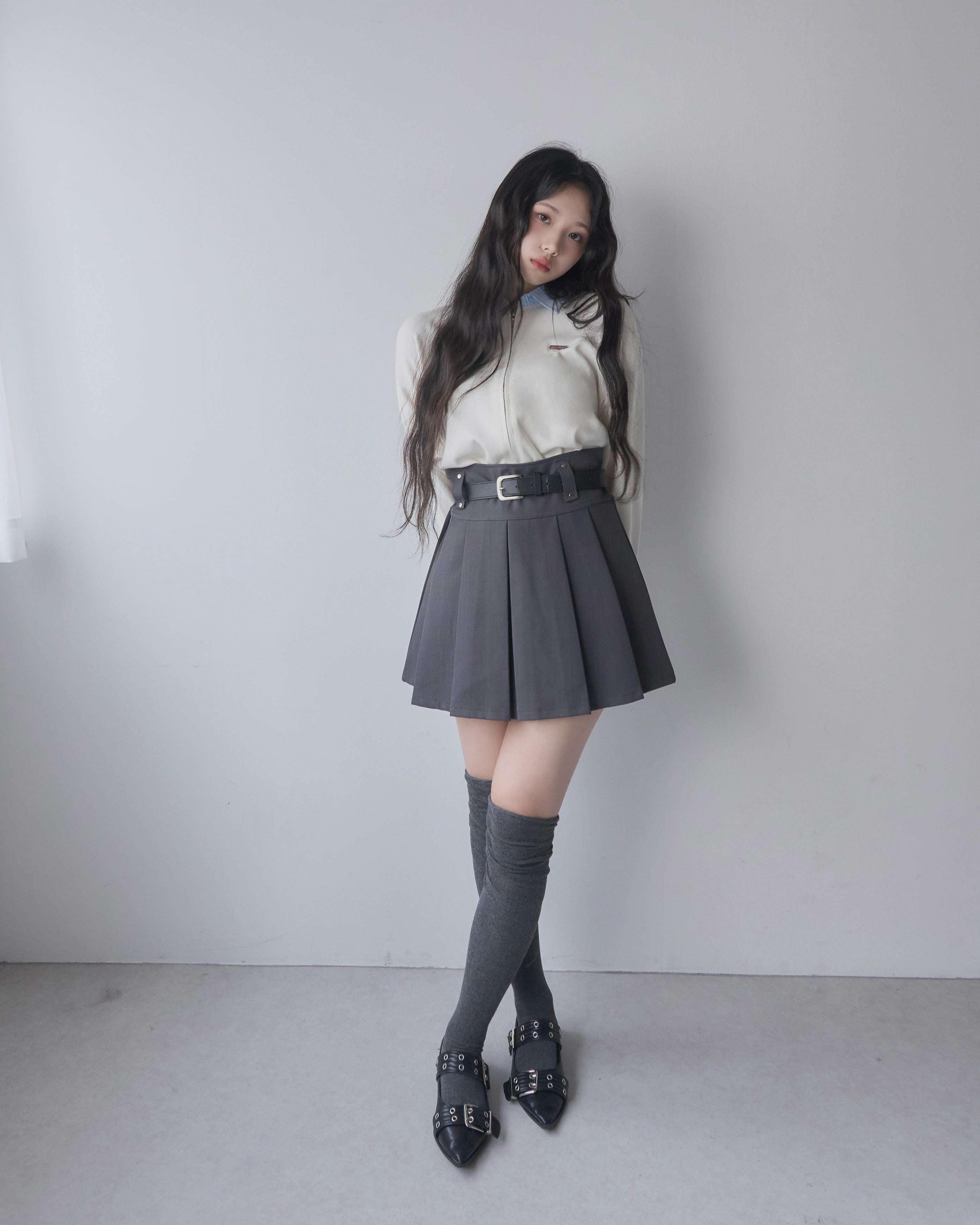 belt set pleated skirt