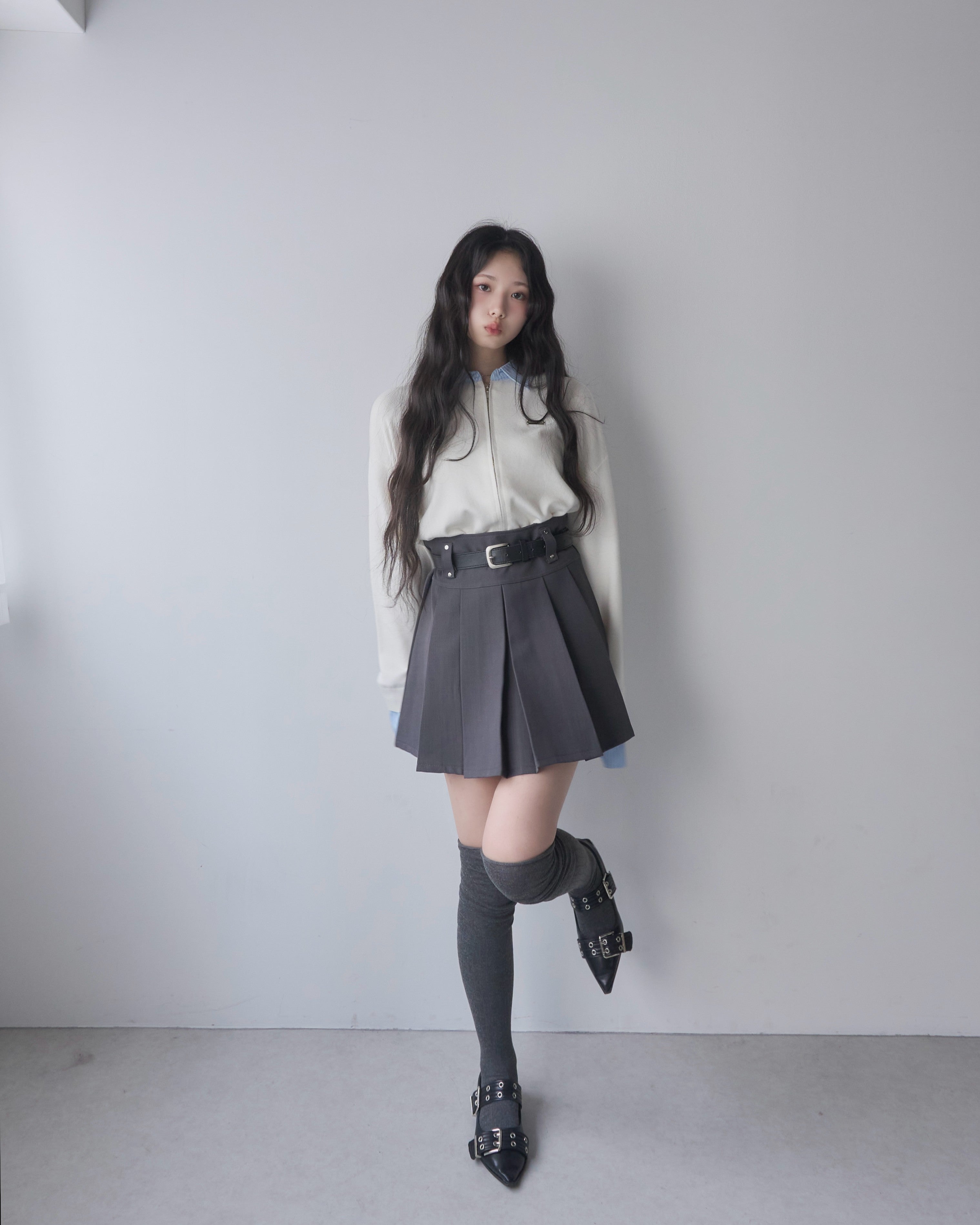 belt set pleated skirt