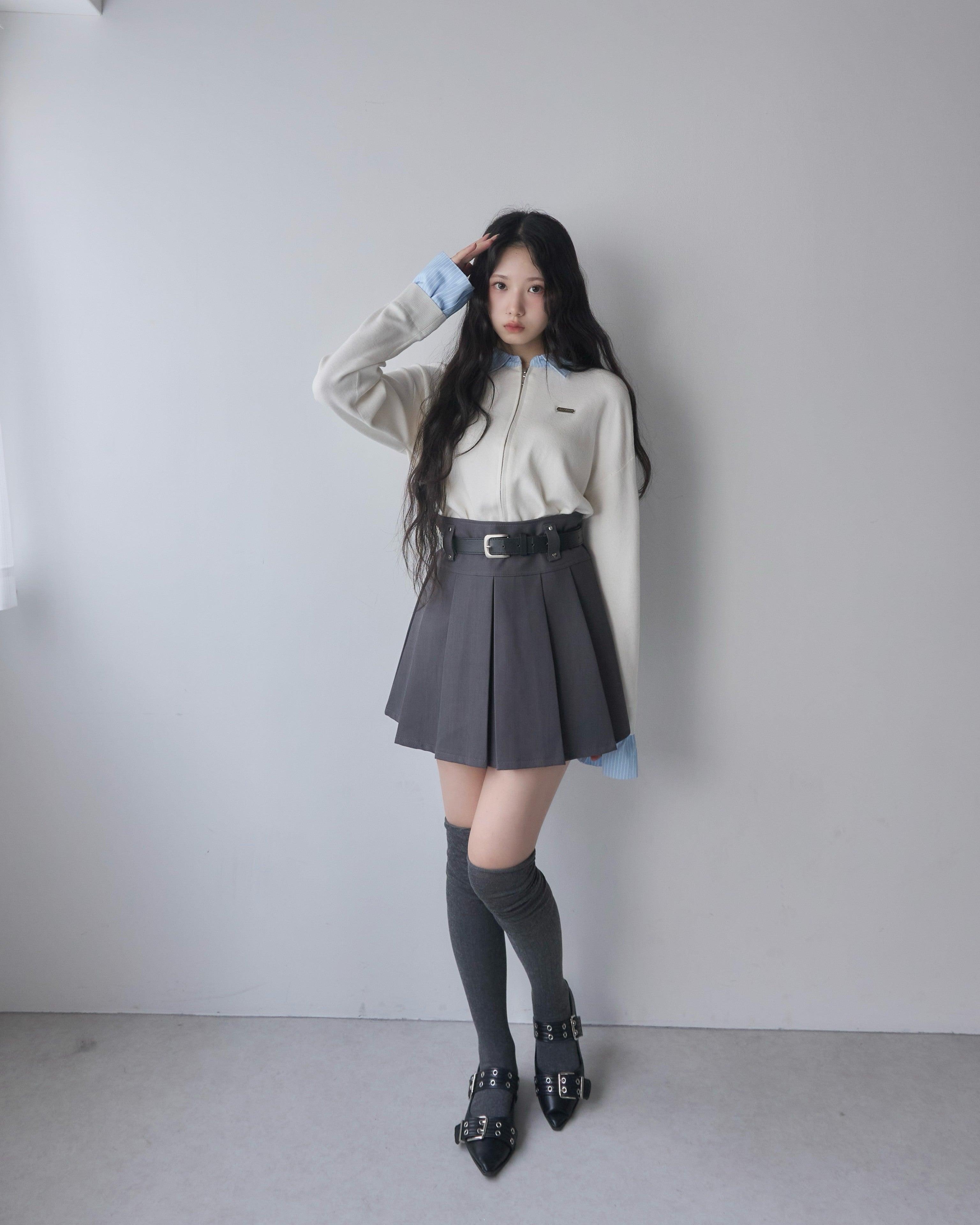 belt set pleated skirt