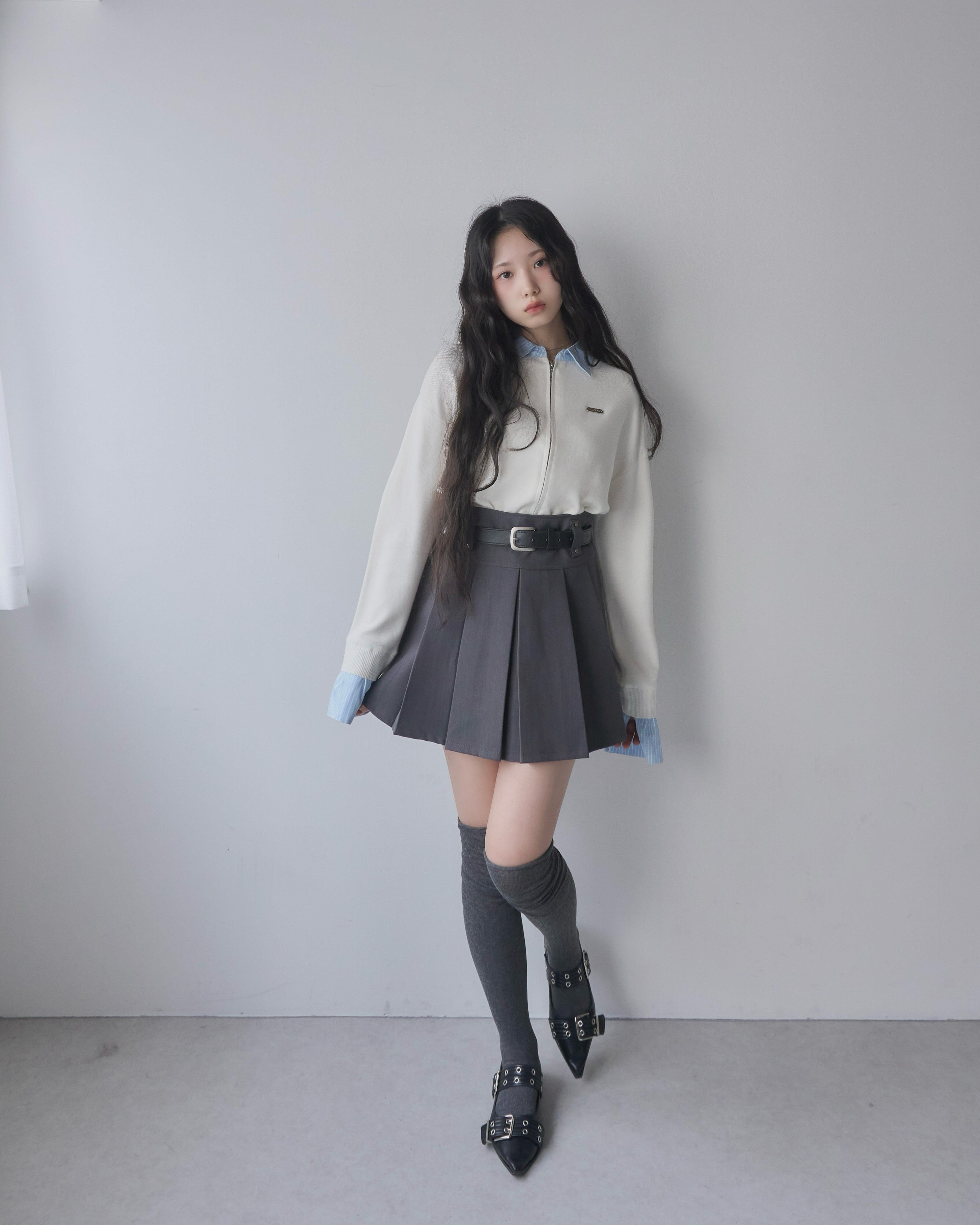 belt set pleated skirt