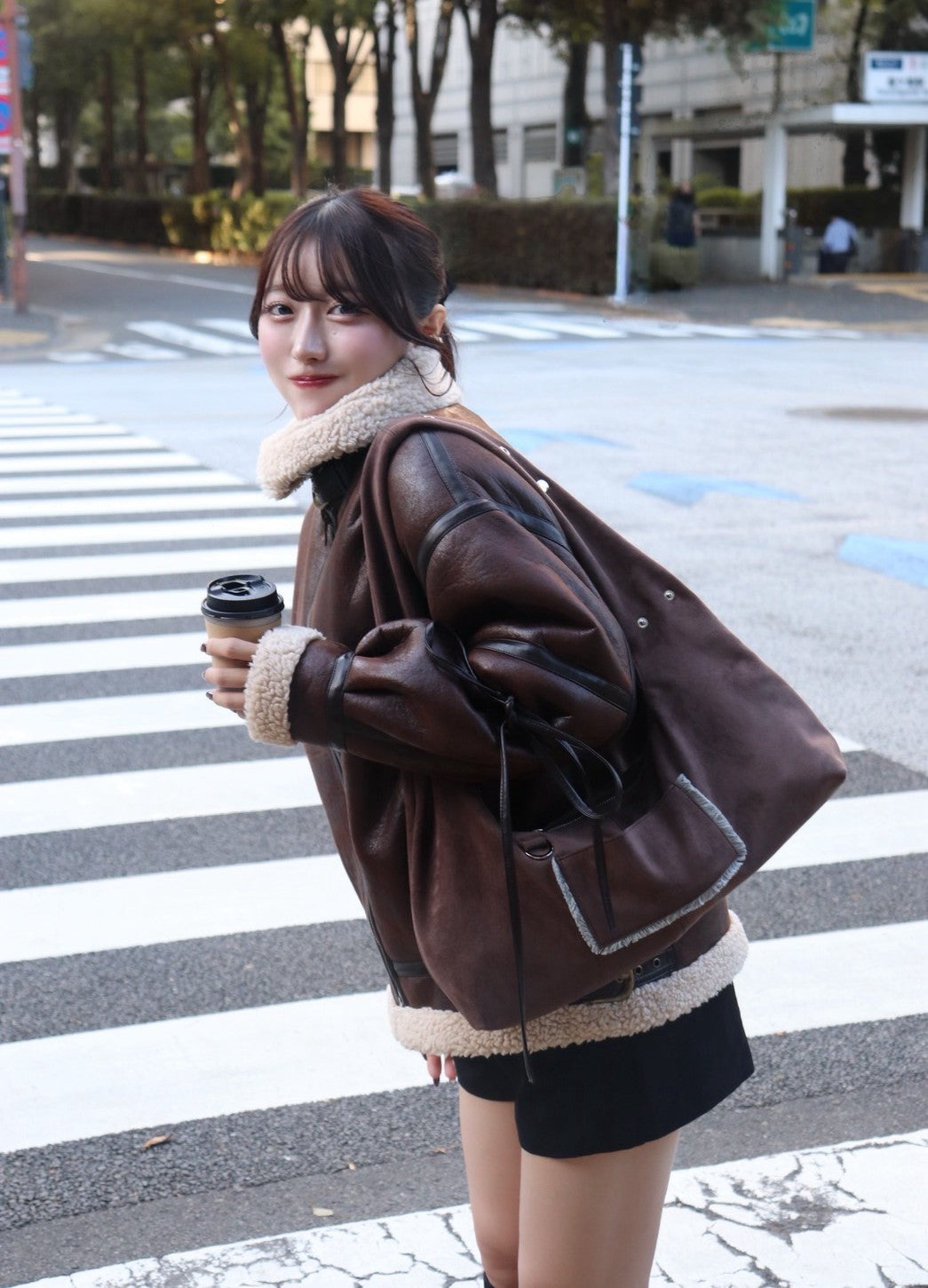 ヴィンテージレザーライクベルトボアコート