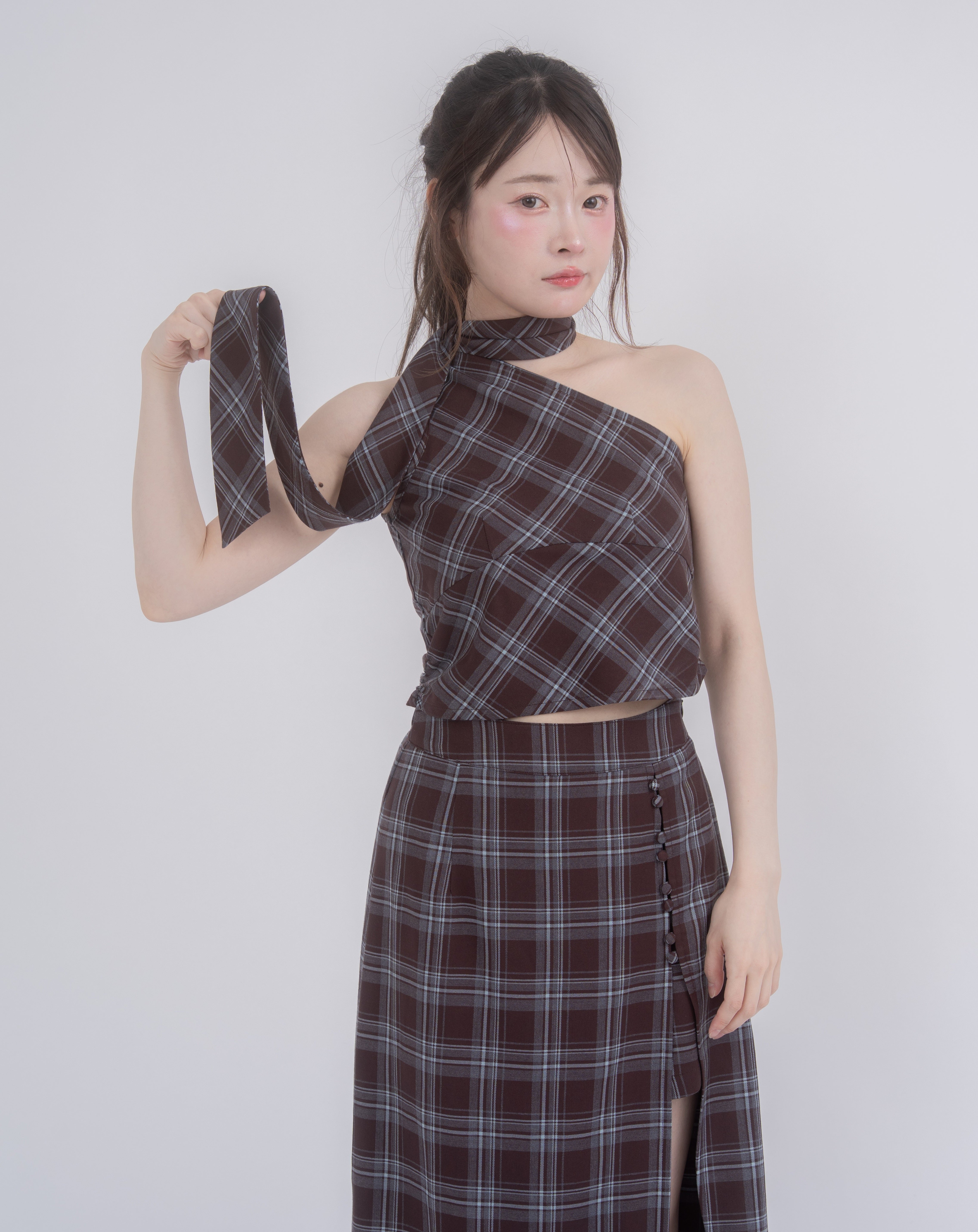 アシメトップススリットスカートチェックセットアップ