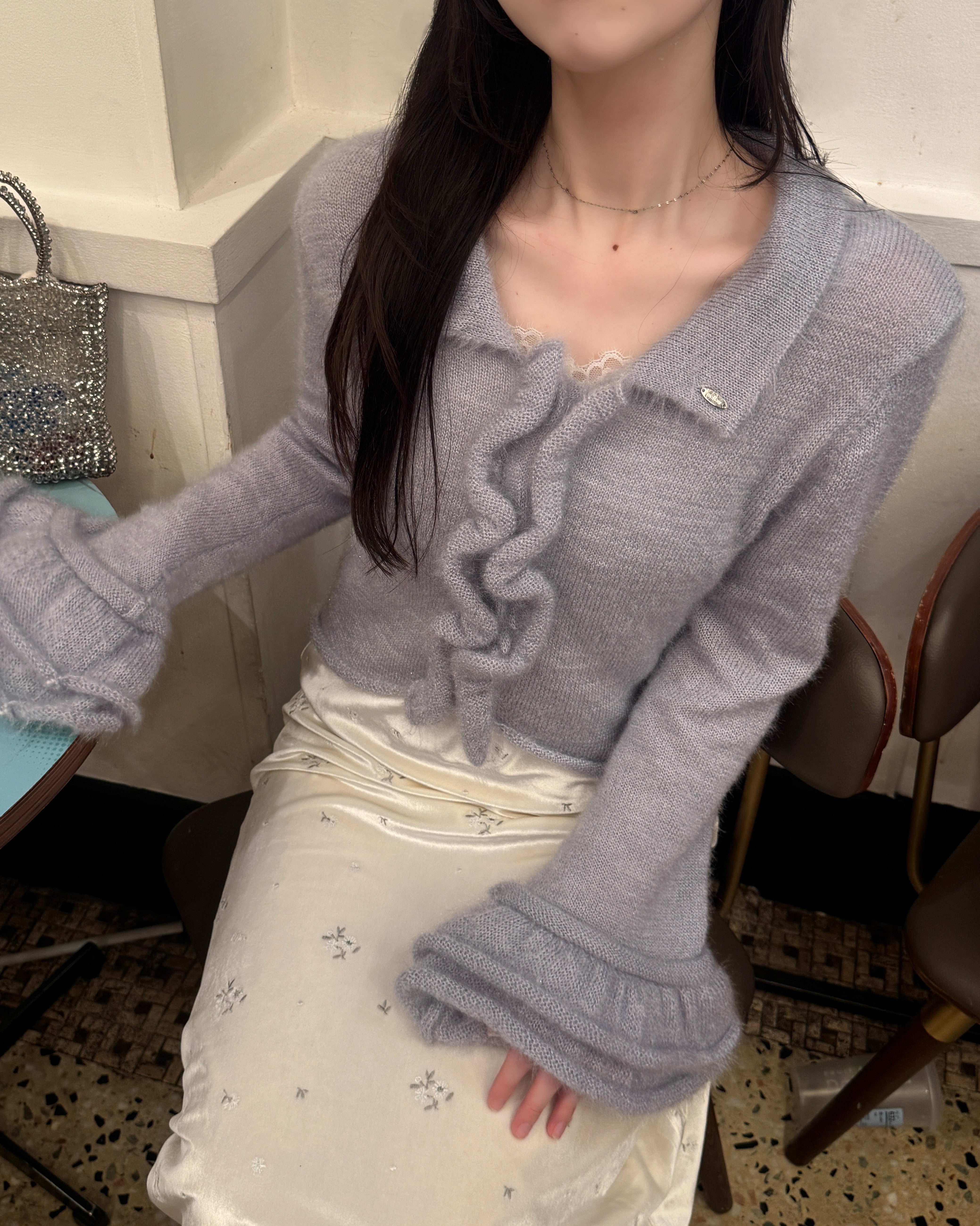 【予約】モヘアタッチフリルベルスリーブニットカーディガン